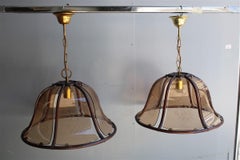 Pair of Round Dome Chandeliers Bamboo Glass Decorated with Leaves, Italy