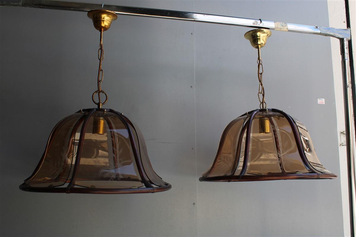 Mid-Century Modern Pair of Round Dome Chandeliers Bamboo Glass Decorated with Leaves, Italy For Sale