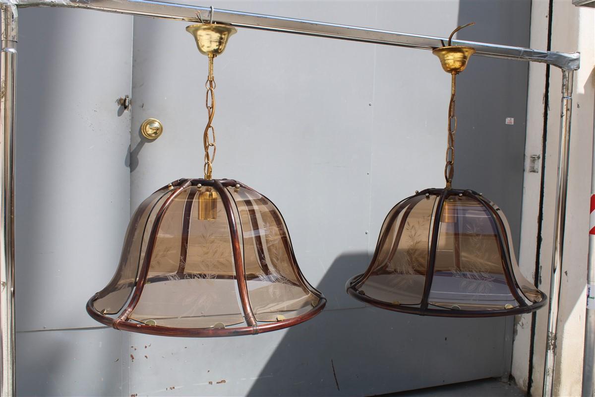 Italian Pair of Round Dome Chandeliers Bamboo Glass Decorated with Leaves, Italy For Sale