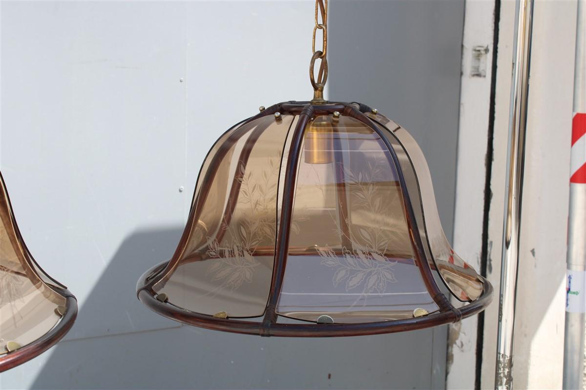 Late 20th Century Pair of Round Dome Chandeliers Bamboo Glass Decorated with Leaves, Italy For Sale