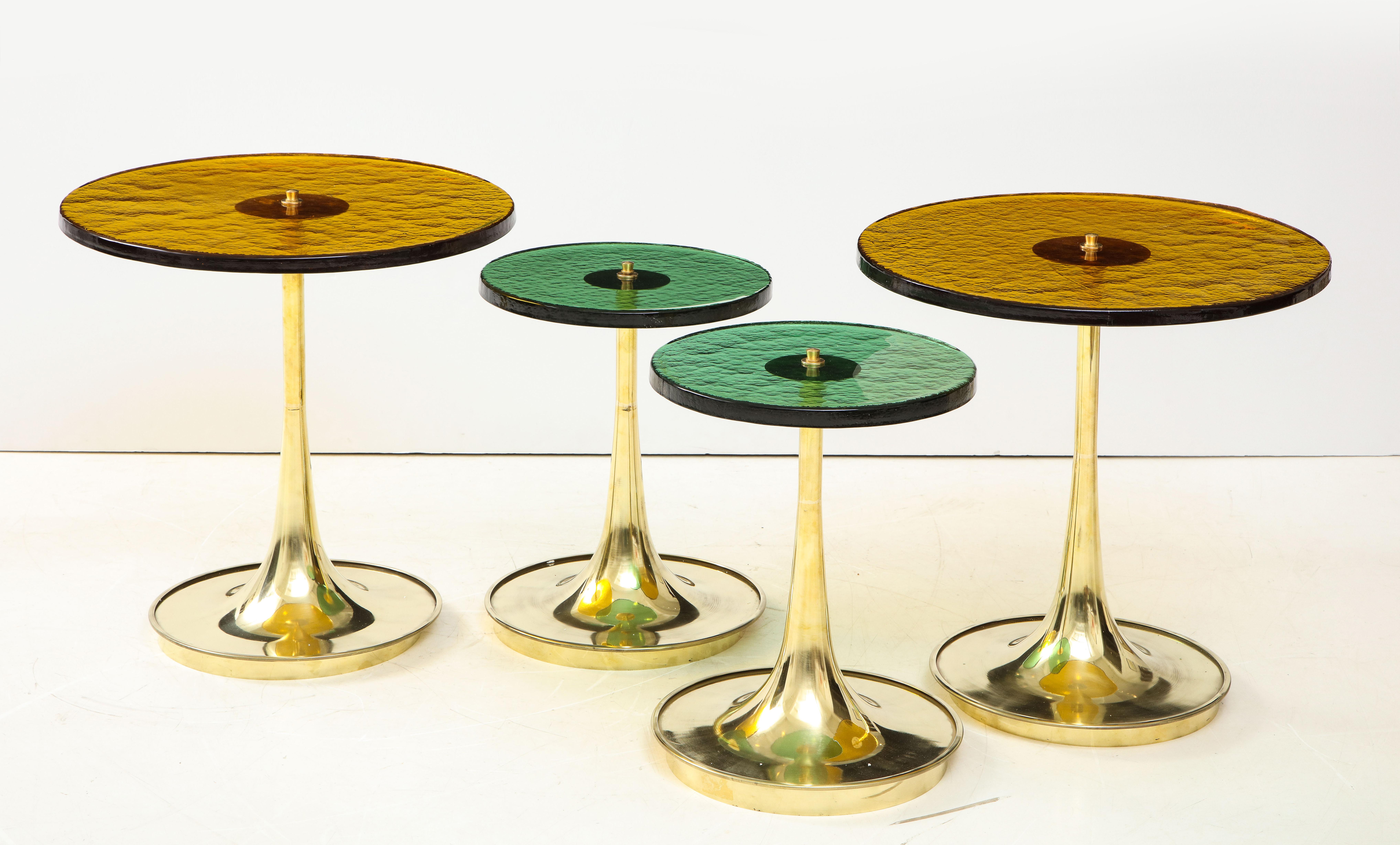 Pair of Round Emerald Green Murano Glass and Brass Martini Tables, Italy, 2021 7