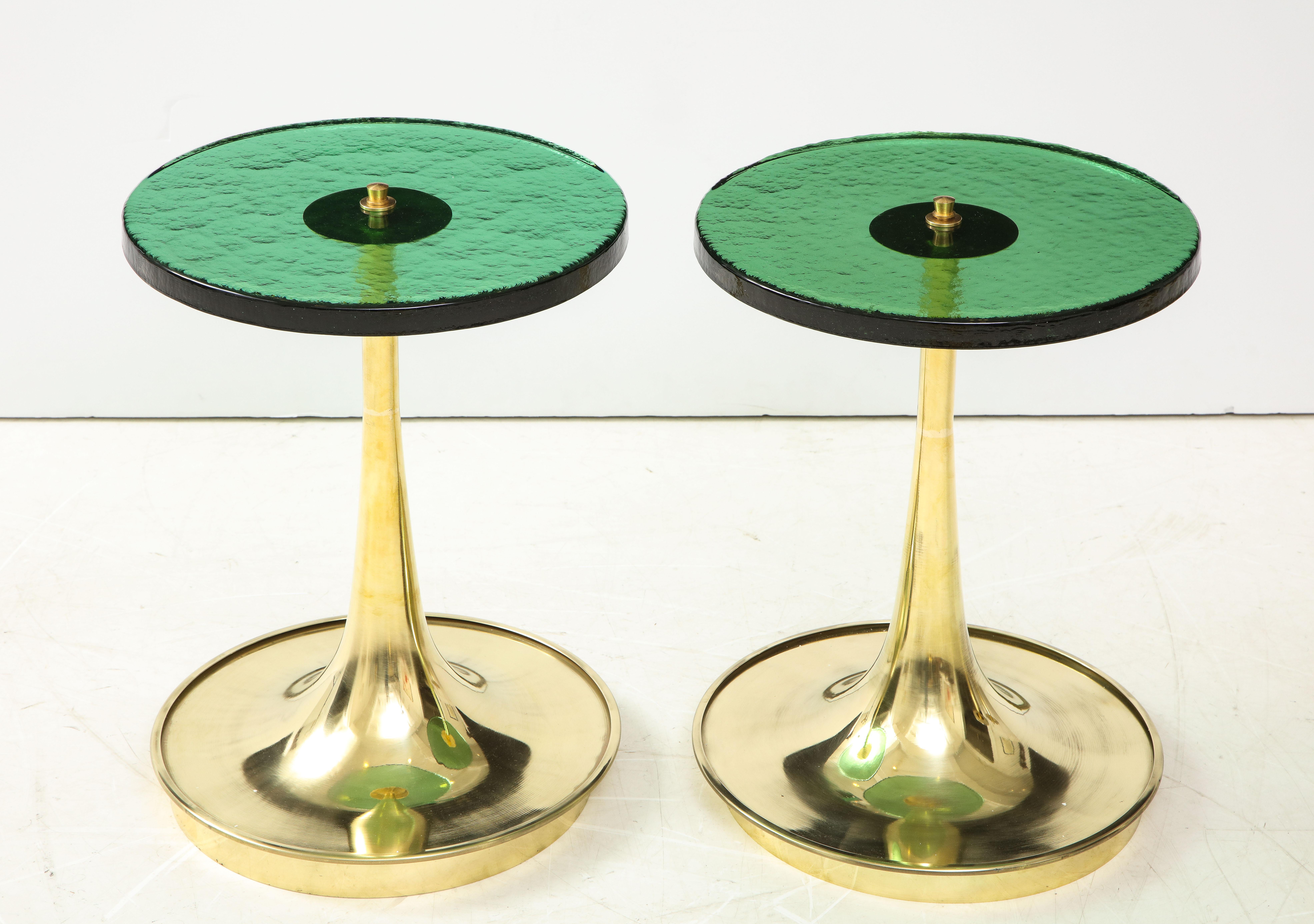 Italian Pair of Round Emerald Green Murano Glass and Brass Martini Tables, Italy, 2021