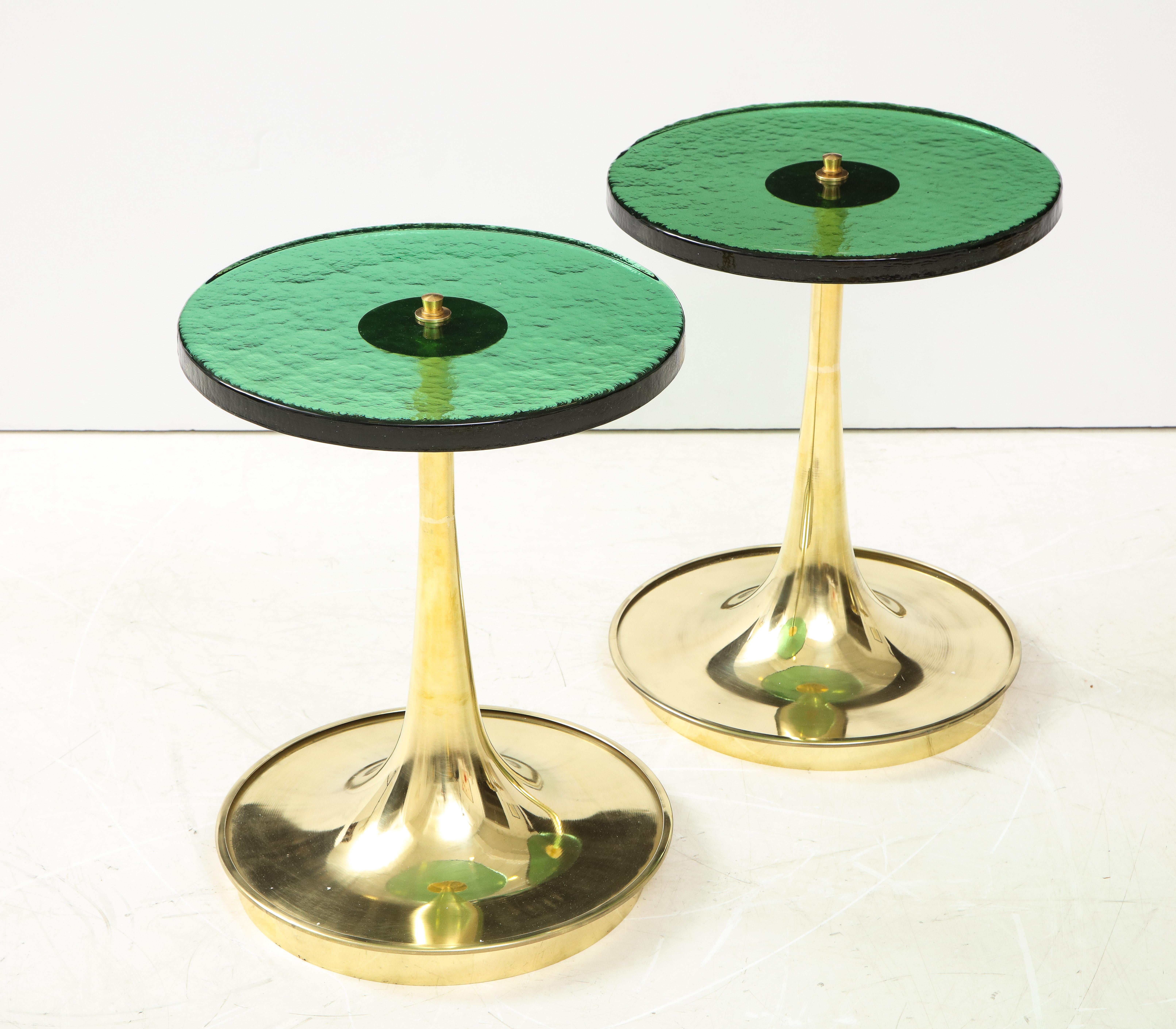 Pair of Round Emerald Green Murano Glass and Brass Martini Tables, Italy, 2021 2
