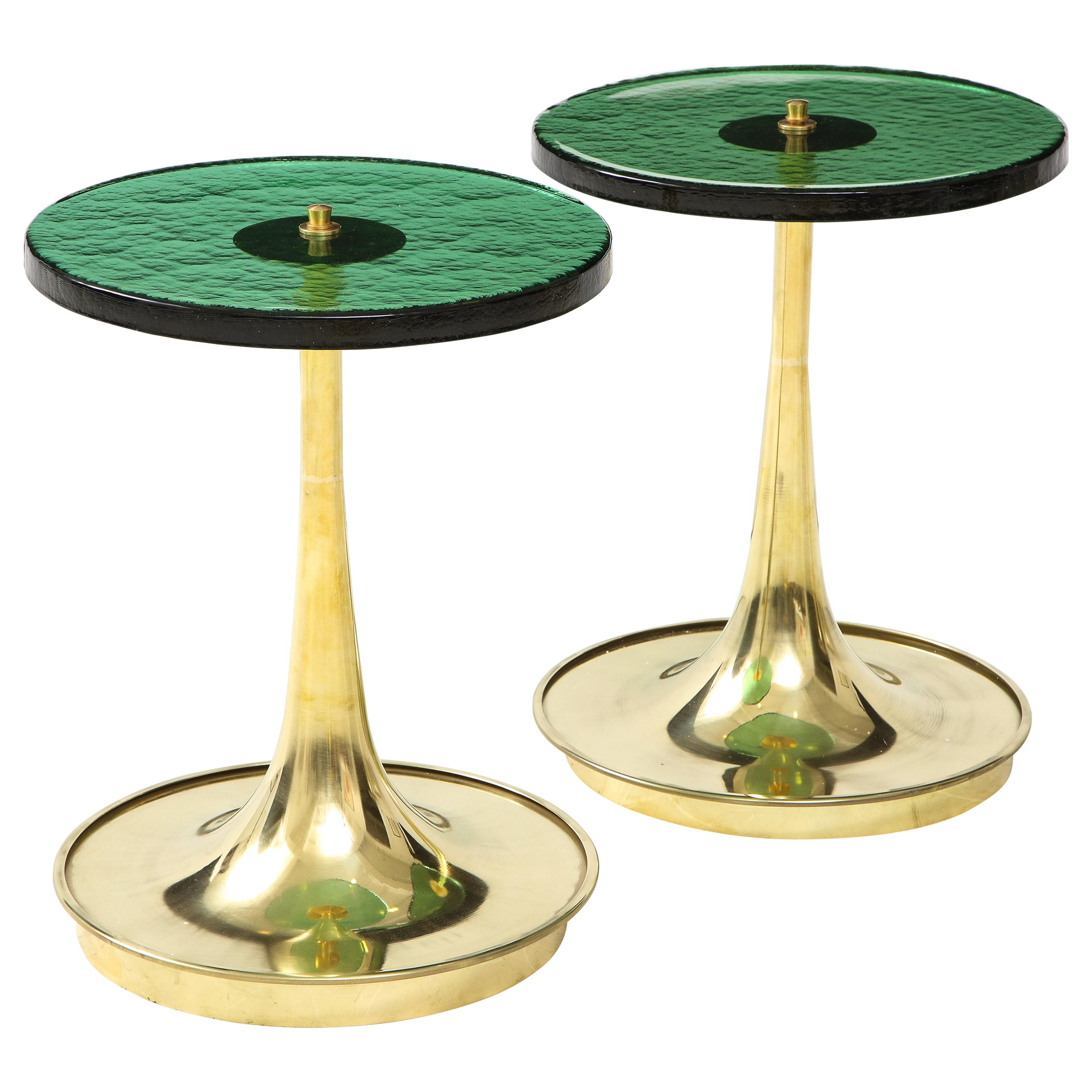 Pair of Round Emerald Green Murano Glass and Brass Martini Tables, Italy, 2021