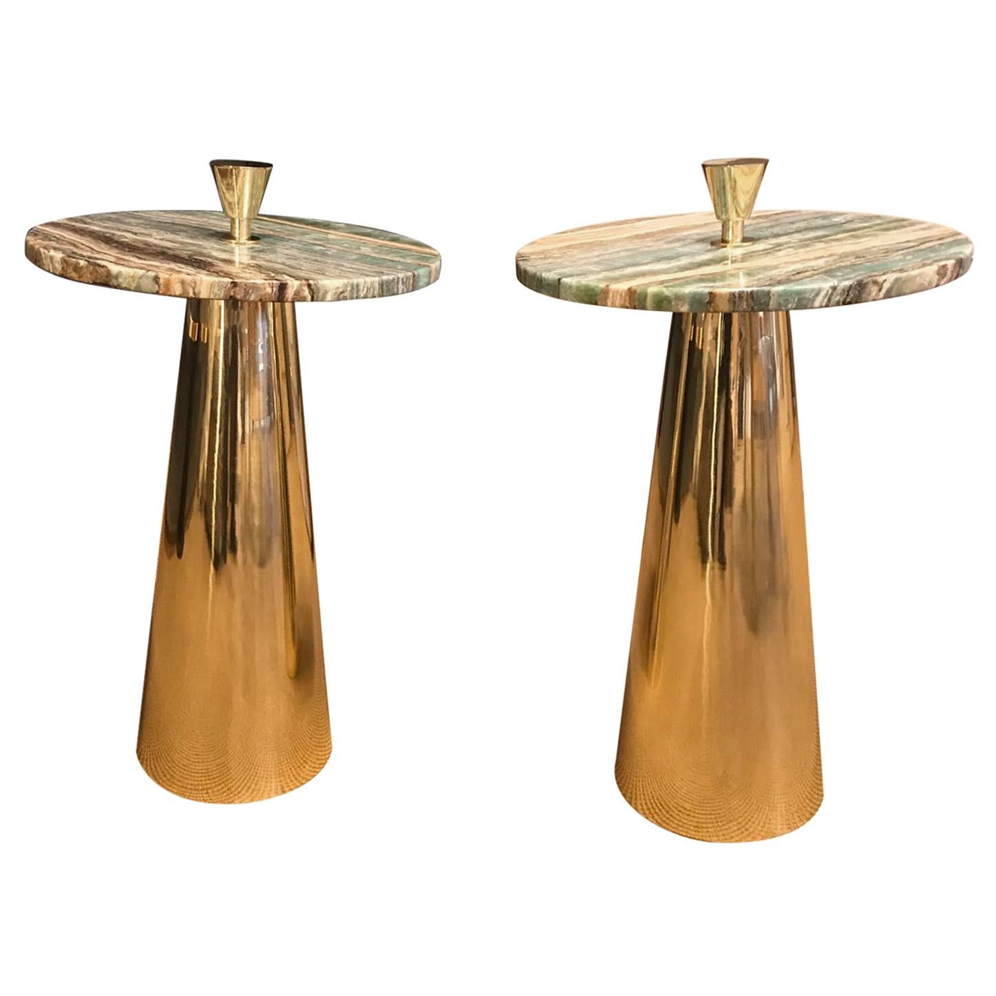 Pair of Round Emerald Green Onyx Marble and Brass Side Tables, Milan, Italy 2019