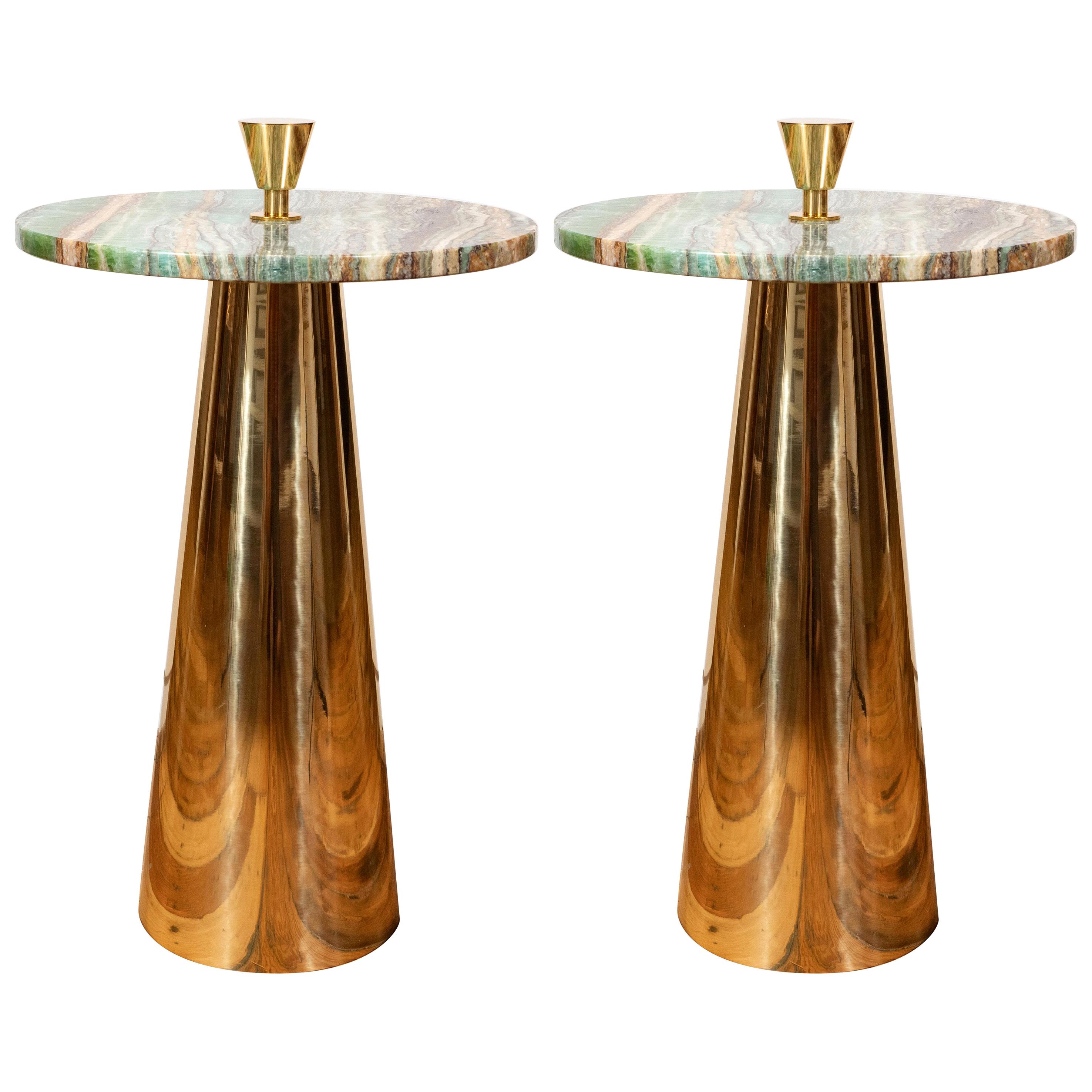Pair of Round Emerald Green Onyx Marble and Brass Side or Martini Tables, Italy