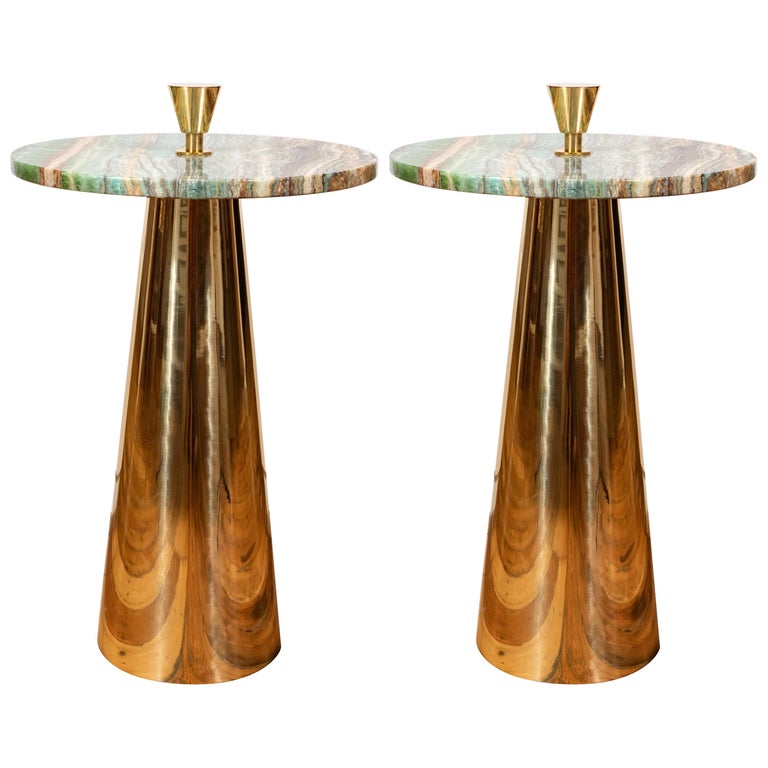 Pair Of Round Emerald Green Onyx Marble, Emerald Green And Gold Side Table