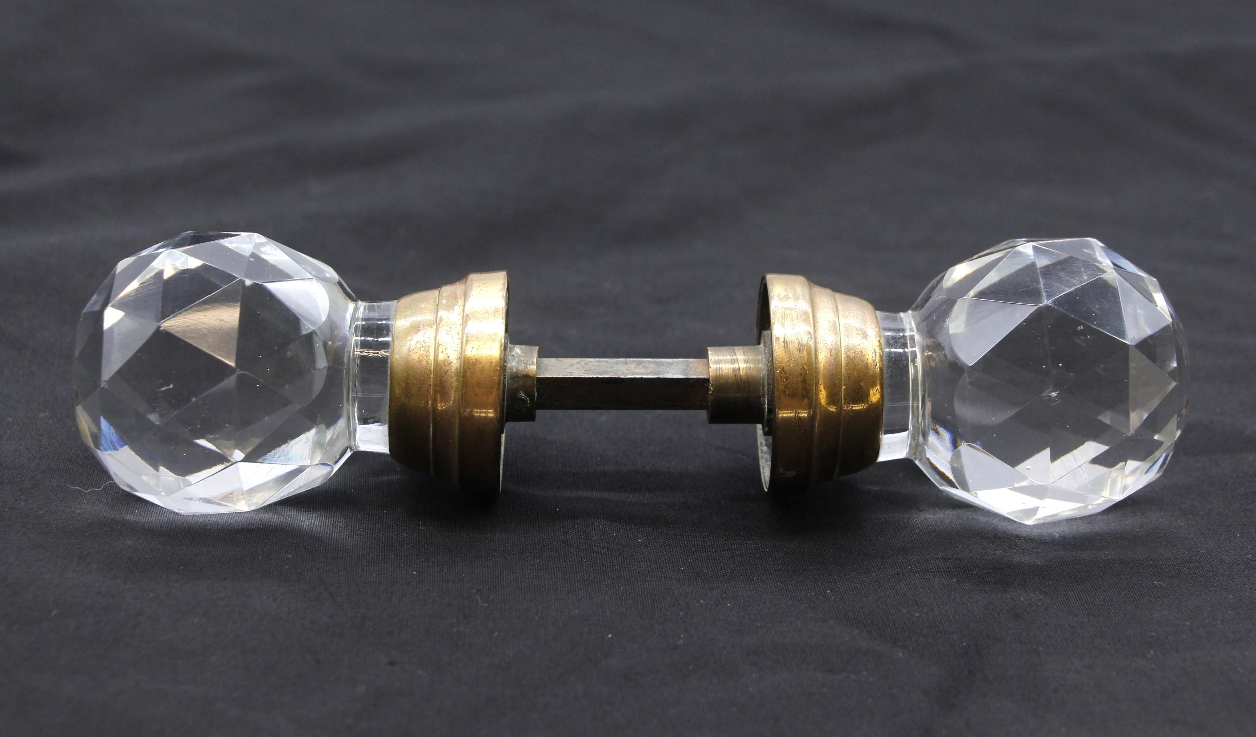 American Pair of Round Faceted Diamond Cut Glass Doorknobs Antique 