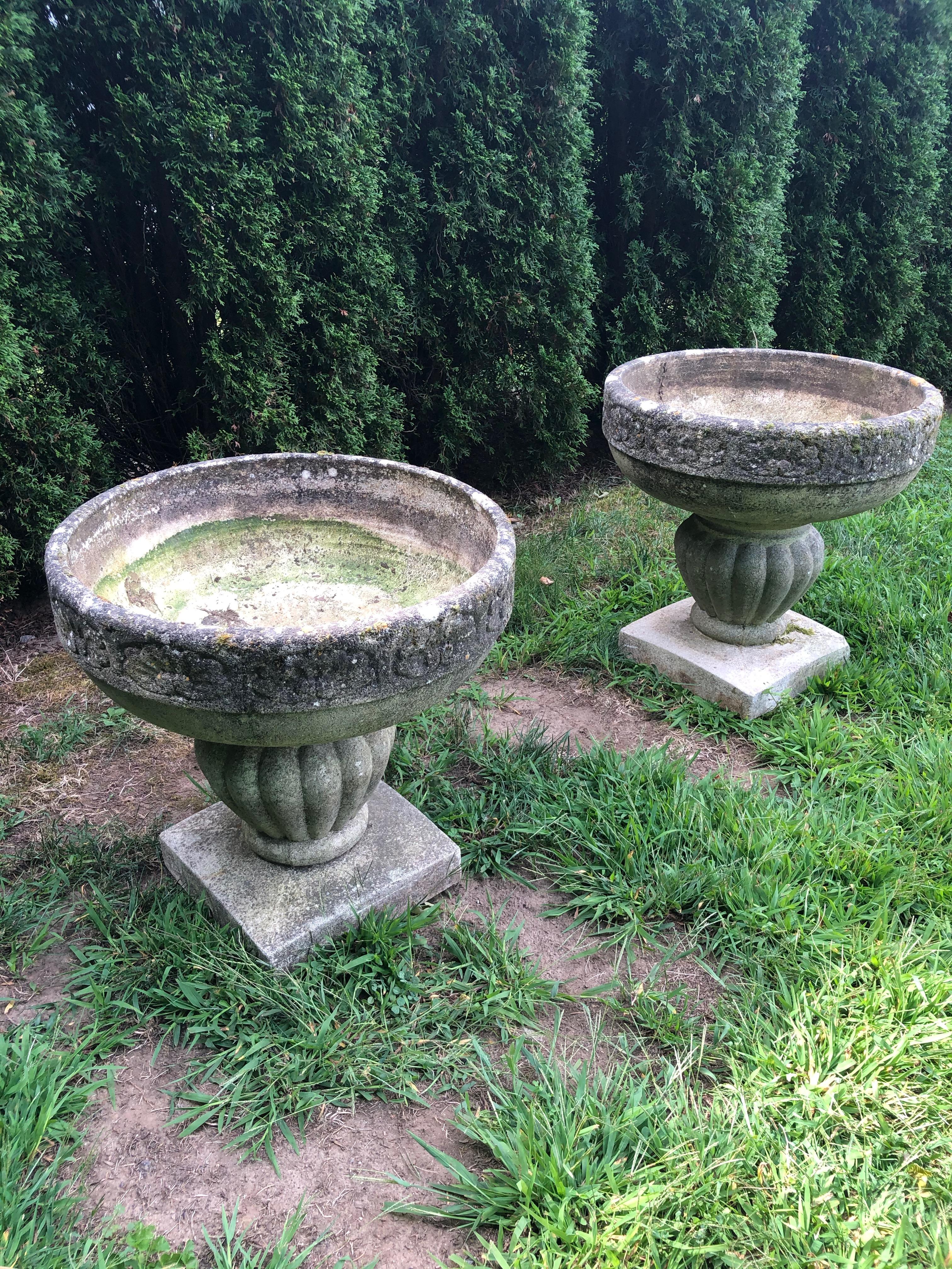 Pair of Round French Cast Stone Planters with Mossy Patina In Good Condition In Woodbury, CT