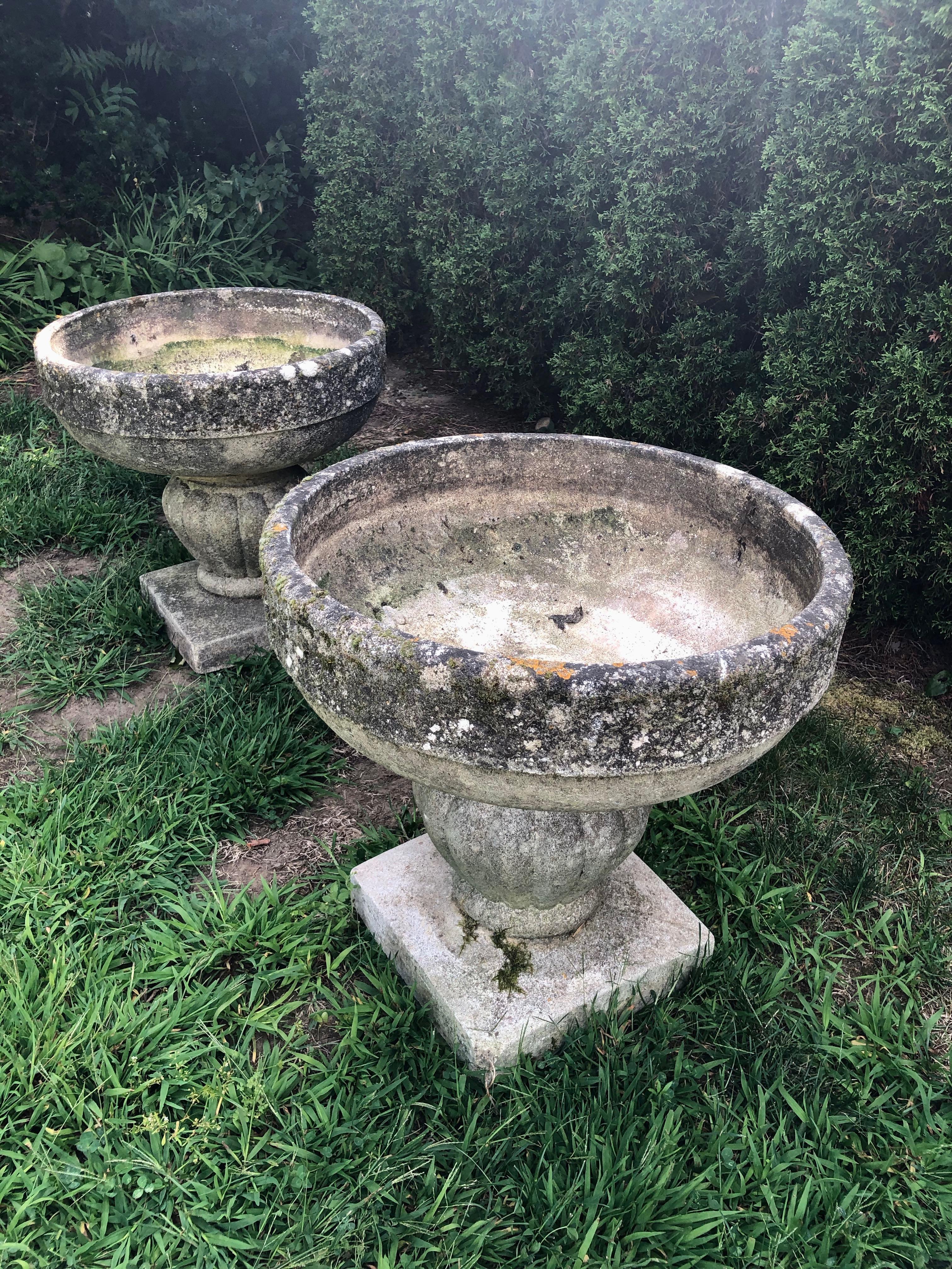 20th Century Pair of Round French Cast Stone Planters with Mossy Patina