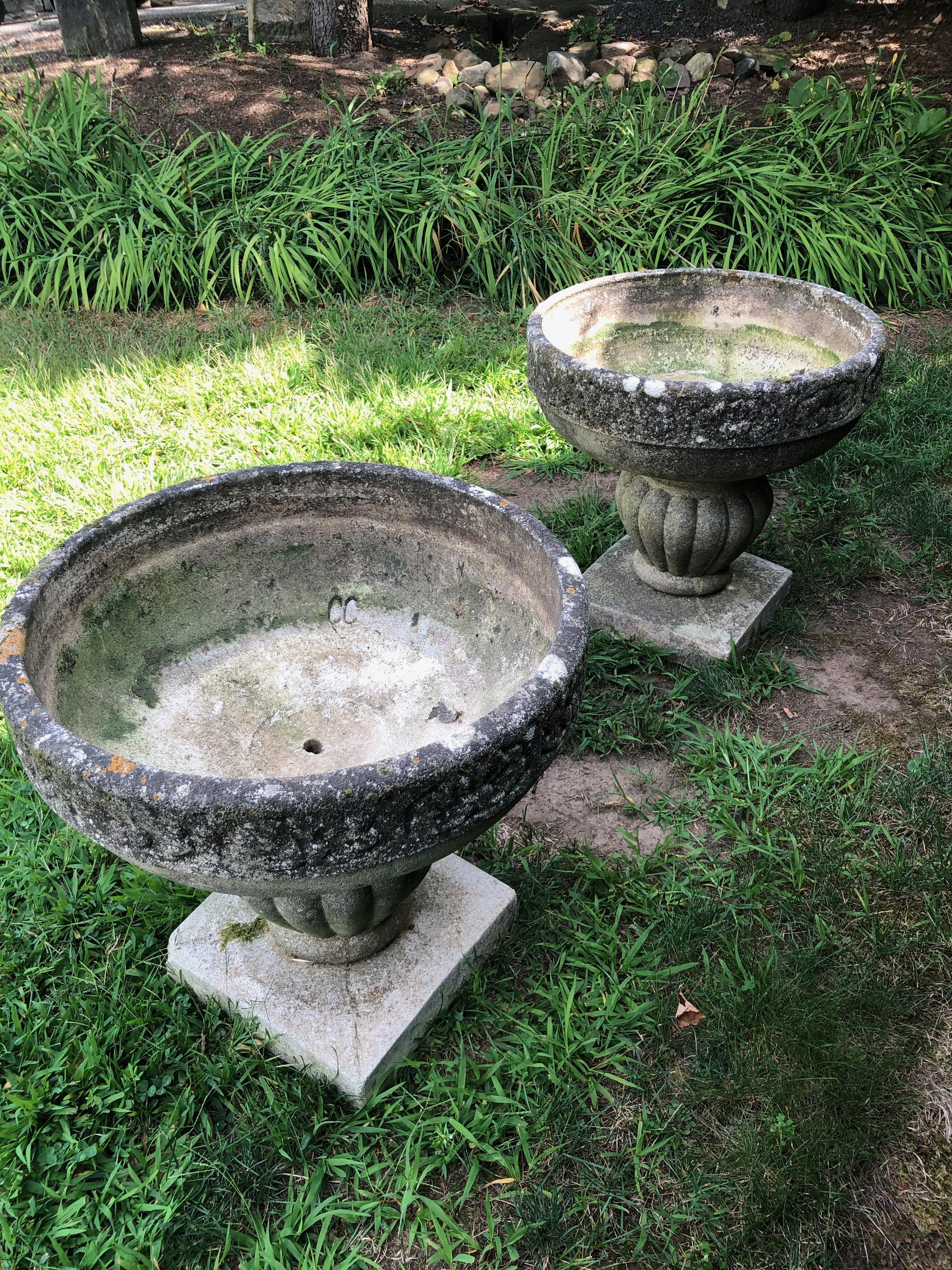 Pair of Round French Cast Stone Planters with Mossy Patina 1