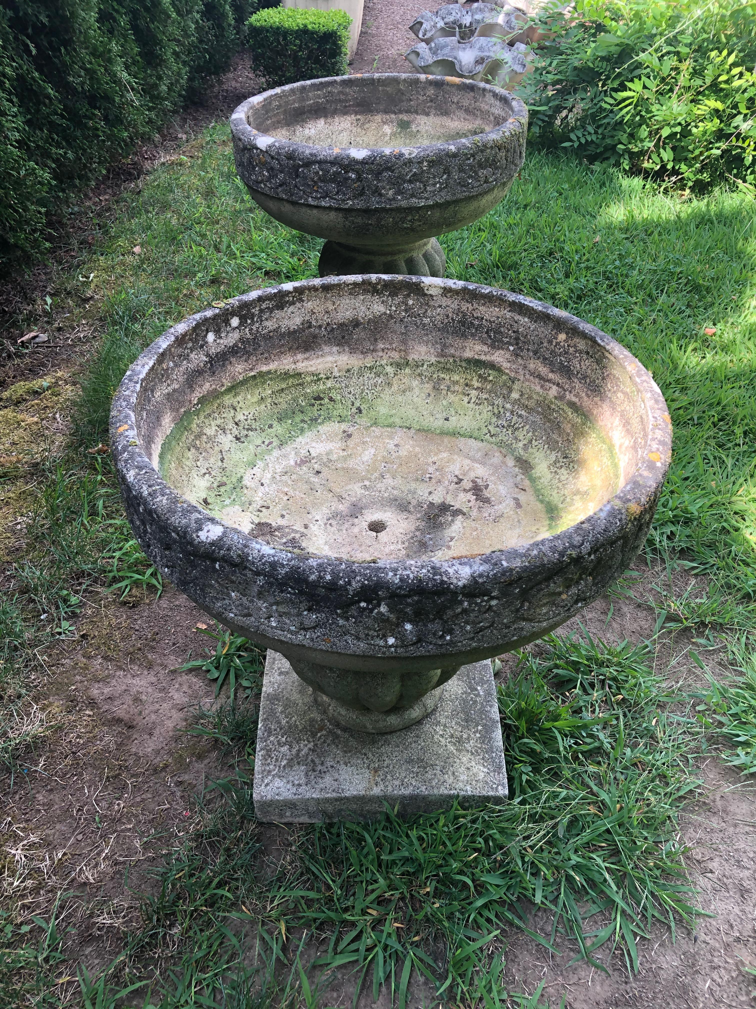 Pair of Round French Cast Stone Planters with Mossy Patina 2