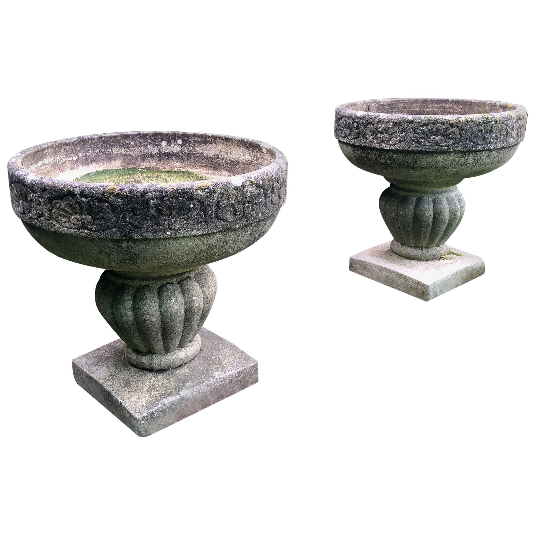 Pair of Round French Cast Stone Planters with Mossy Patina