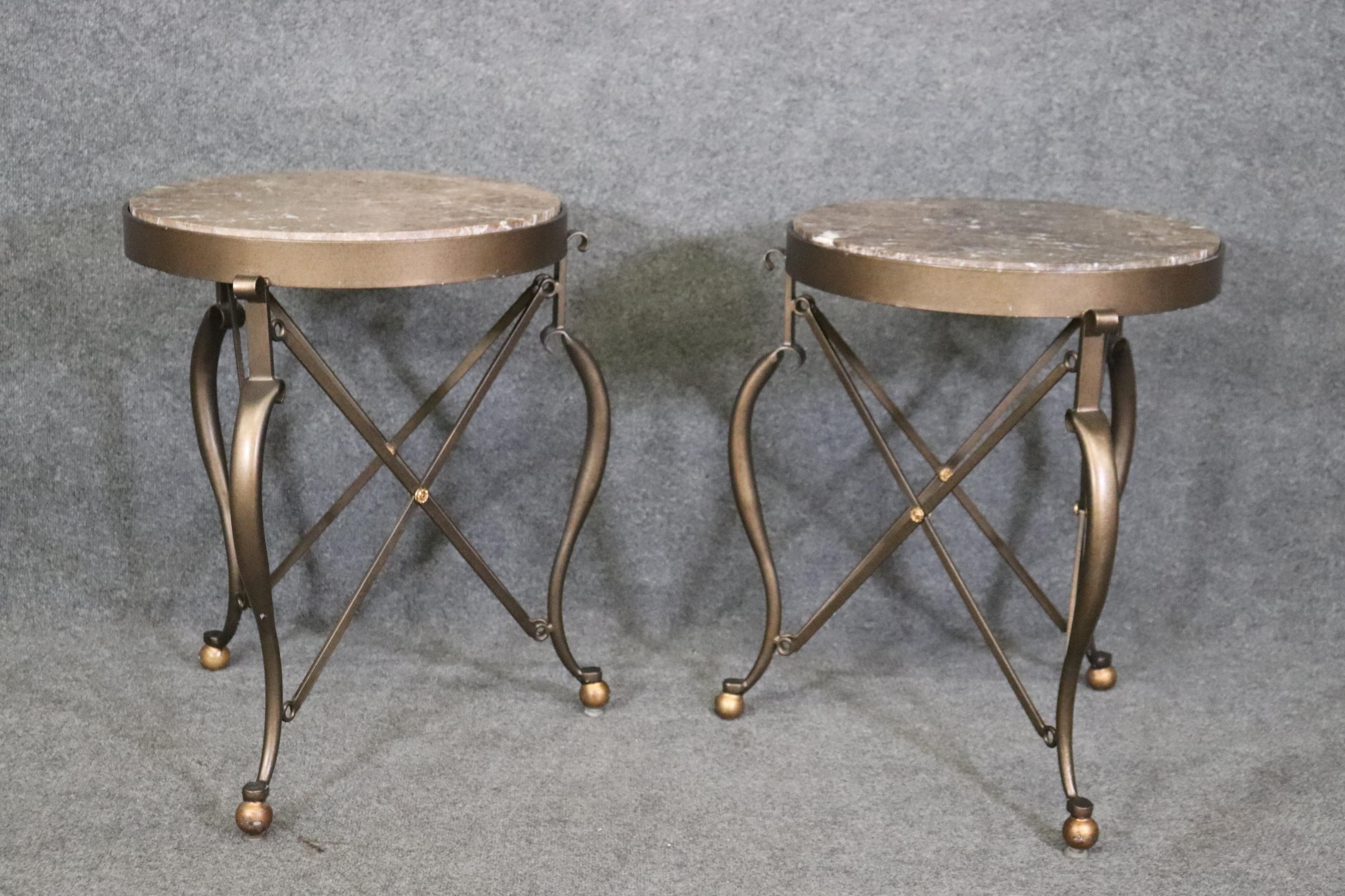 Pair of Round French Directoire Style Bronze Colored Steel Marble Top Gueridons In Good Condition For Sale In Swedesboro, NJ