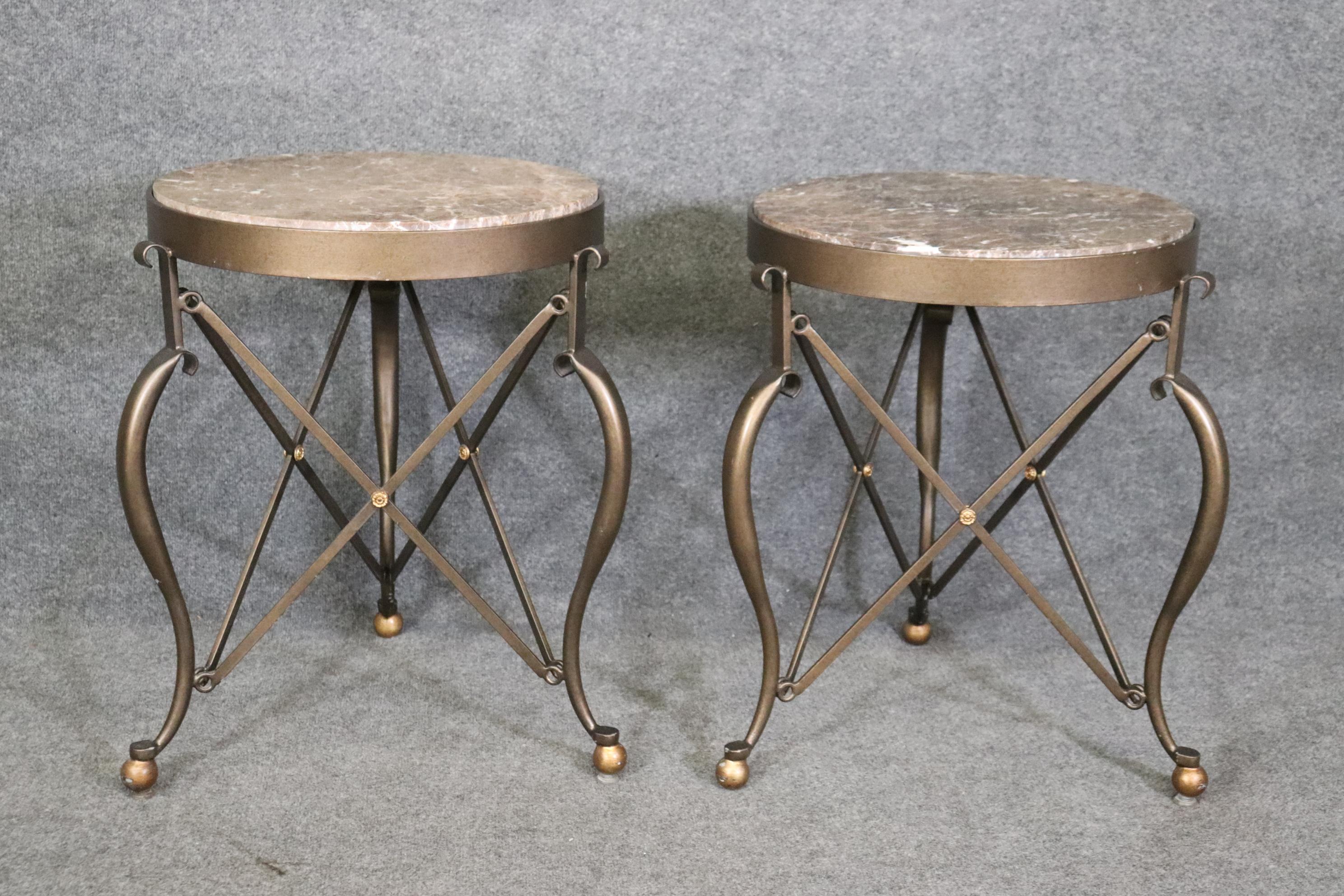 Contemporary Pair of Round French Directoire Style Bronze Colored Steel Marble Top Gueridons For Sale