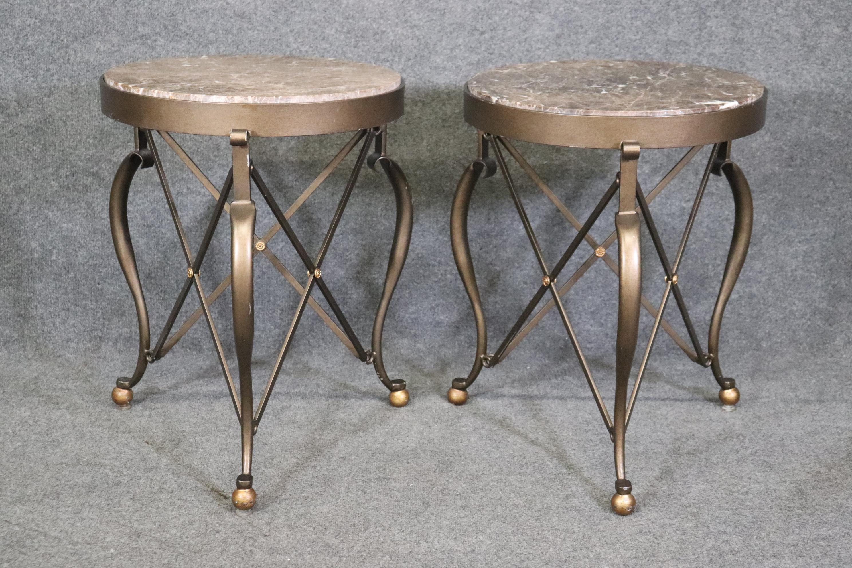 Pair of Round French Directoire Style Bronze Colored Steel Marble Top Gueridons For Sale 1