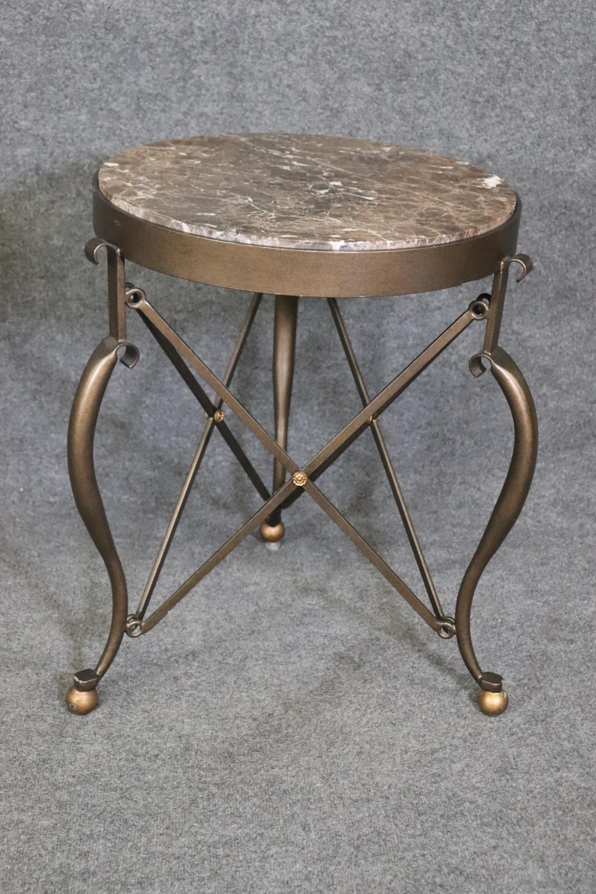 Pair of Round French Directoire Style Bronze Colored Steel Marble Top Gueridons For Sale 2