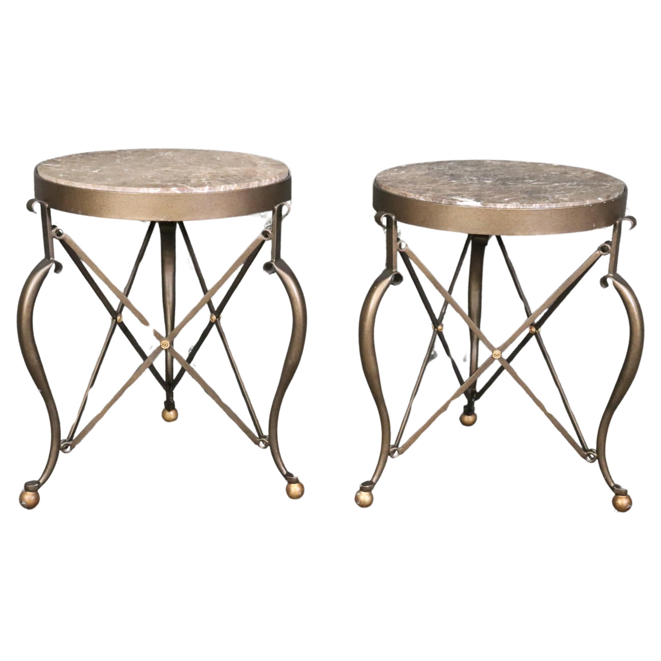 Pair of Round French Directoire Style Bronze Colored Steel Marble Top Gueridons For Sale