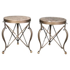 Used Pair of Round French Directoire Style Bronze Colored Steel Marble Top Gueridons
