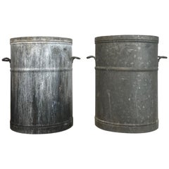 Pair of Round French Galvanized Bin Planters with Handles