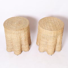 Pair of Round Ghost Drapery Woven Reed Stands