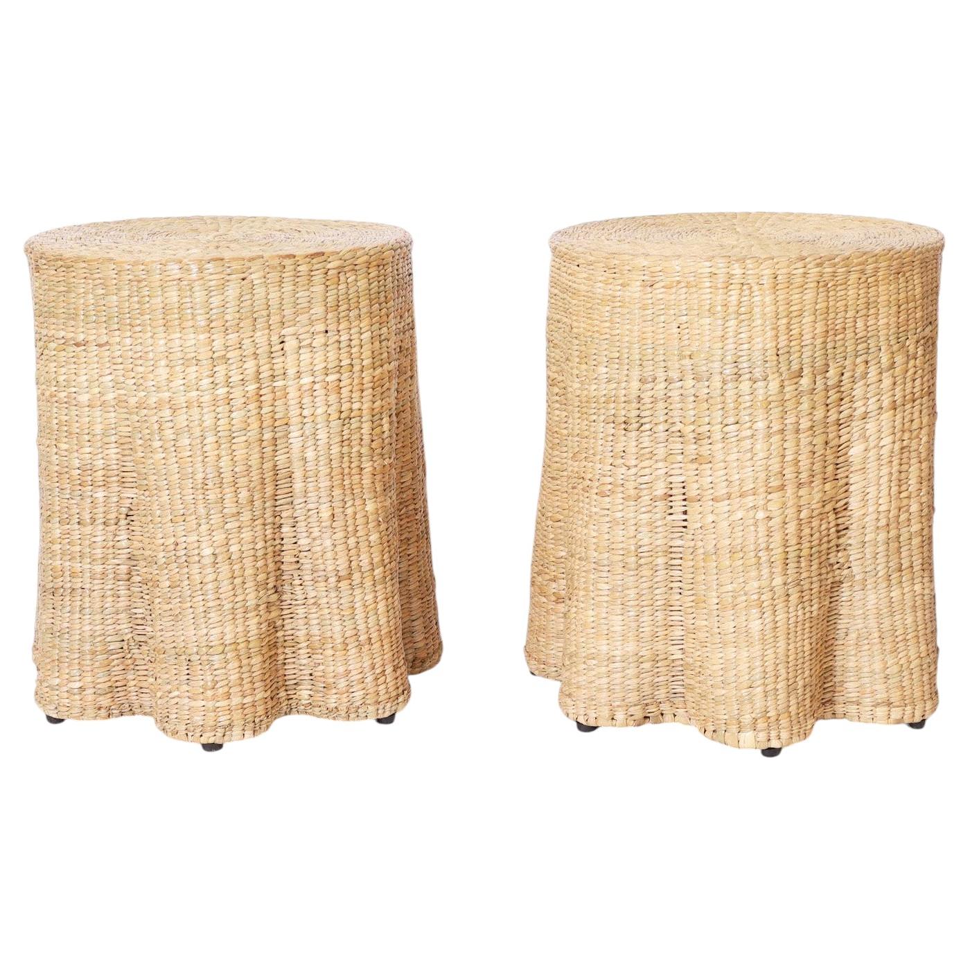 Pair of Round Ghost Drapery Woven Reed Stands For Sale