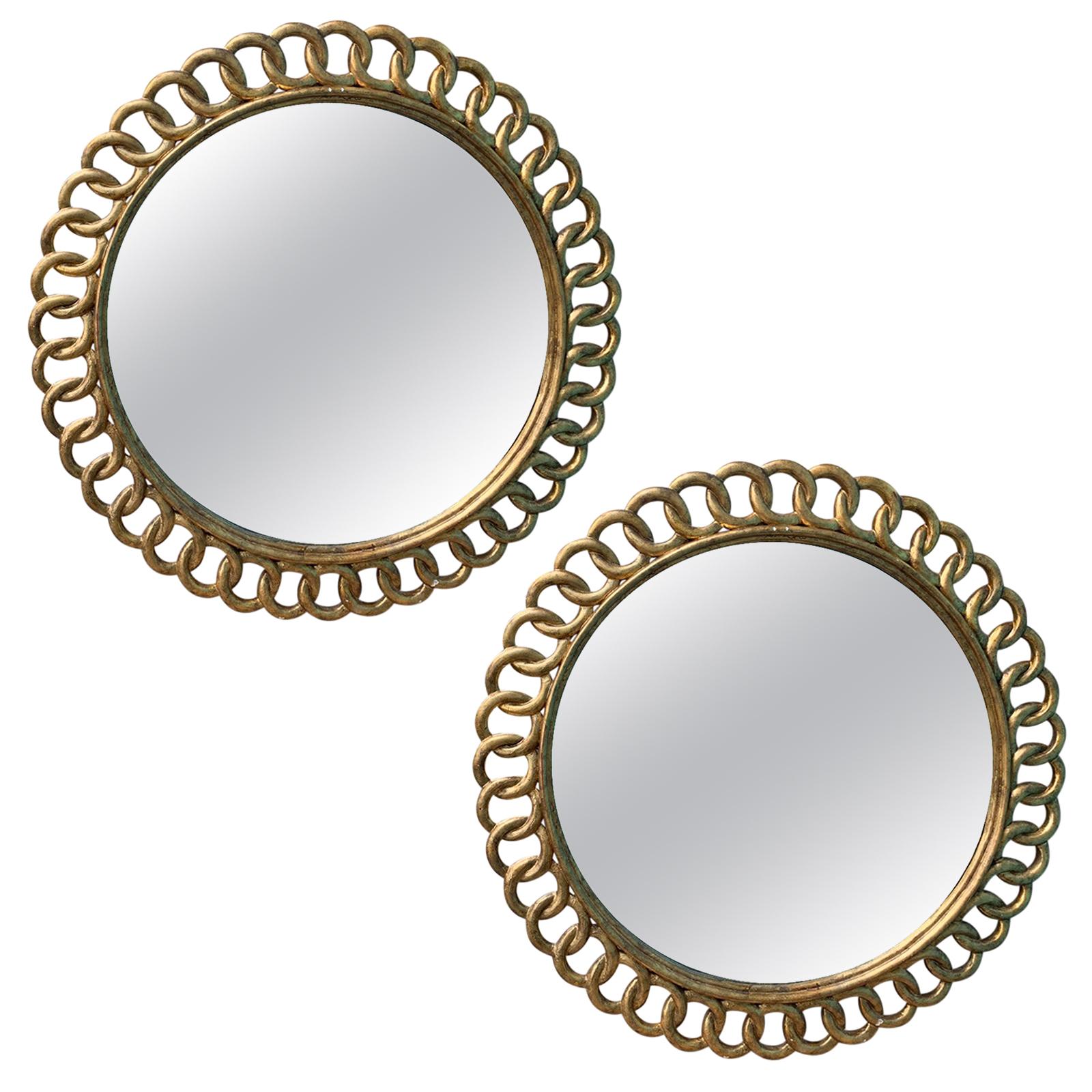 Pair of Round Giltwood Mirrors with Interlocking Circles, circa 1940-1950s