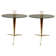 Vintage Pair of round glass and brass pedestal tables, Italy, circa 1970