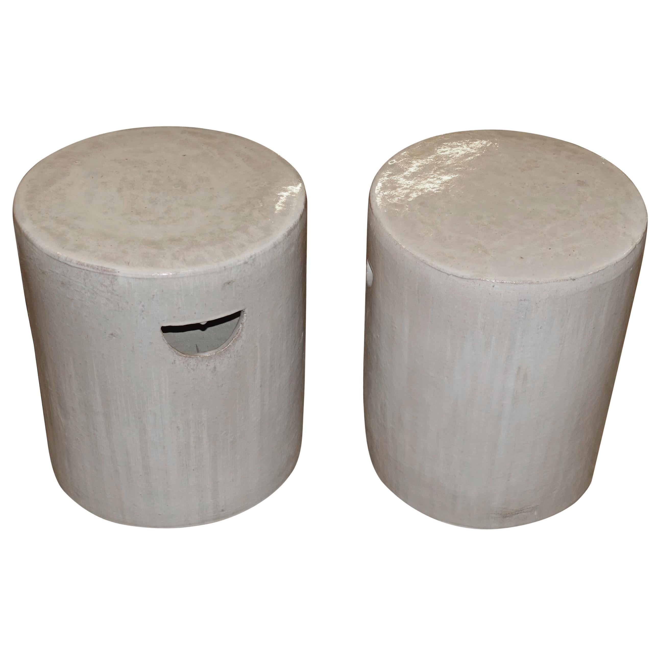 Pair of Round Glazed Terracotta Stools, China, Contemporary