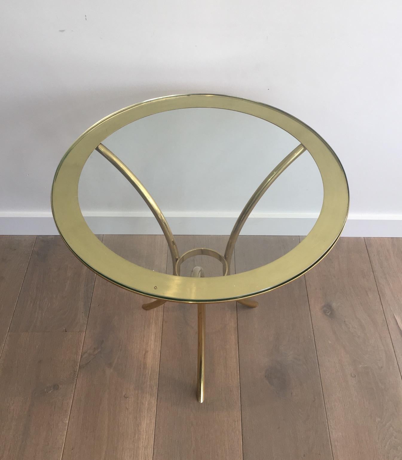 Glass Pair of Round Gold Gilt Brass Side Tables, circa 1970 For Sale