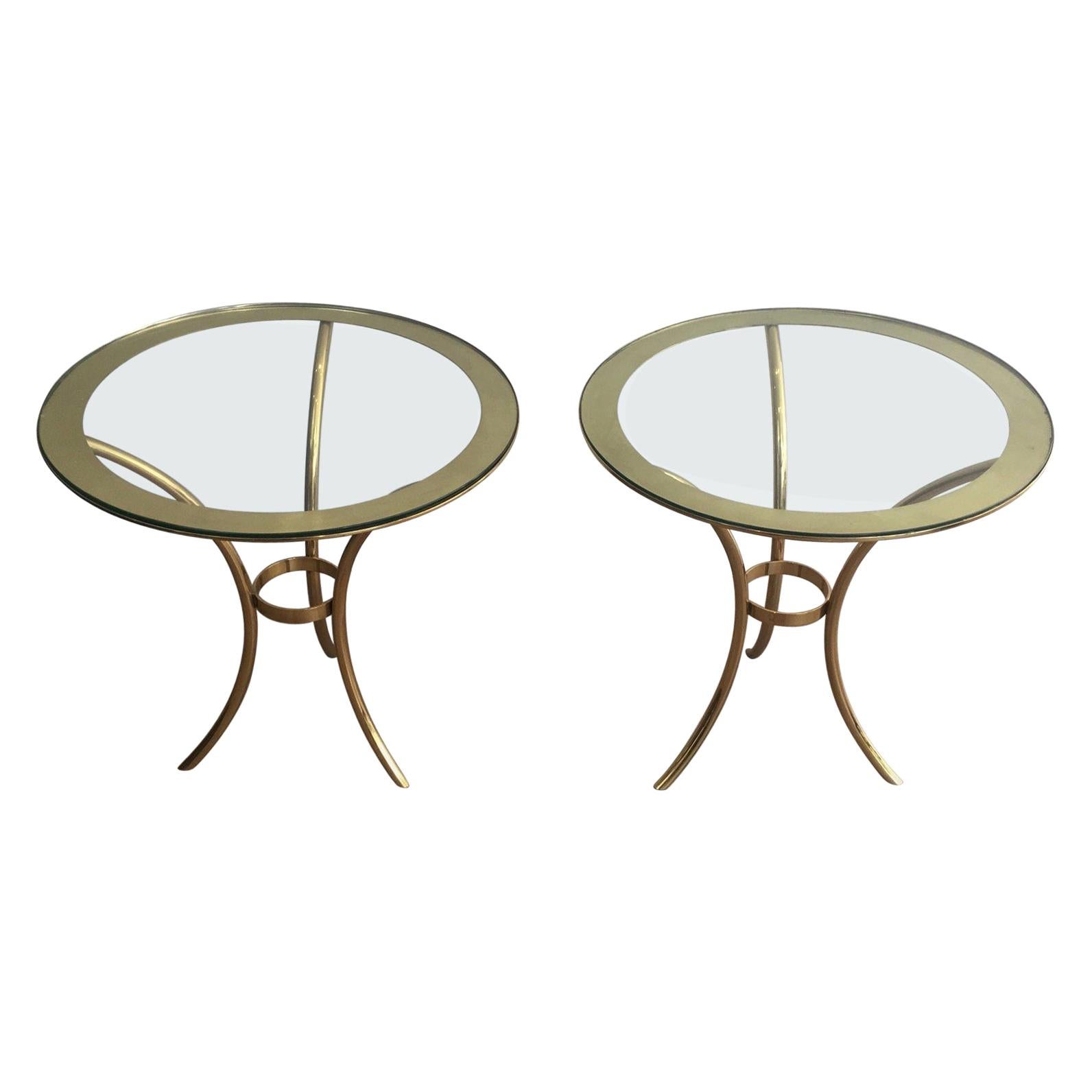 Pair of Round Gold Gilt Brass Side Tables, circa 1970 For Sale