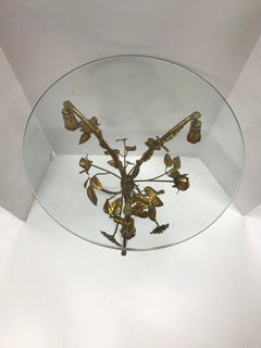 Pair of Round Gold Gilt Metal Sheaf of Wheat Tole and Glass End Tables, Italy