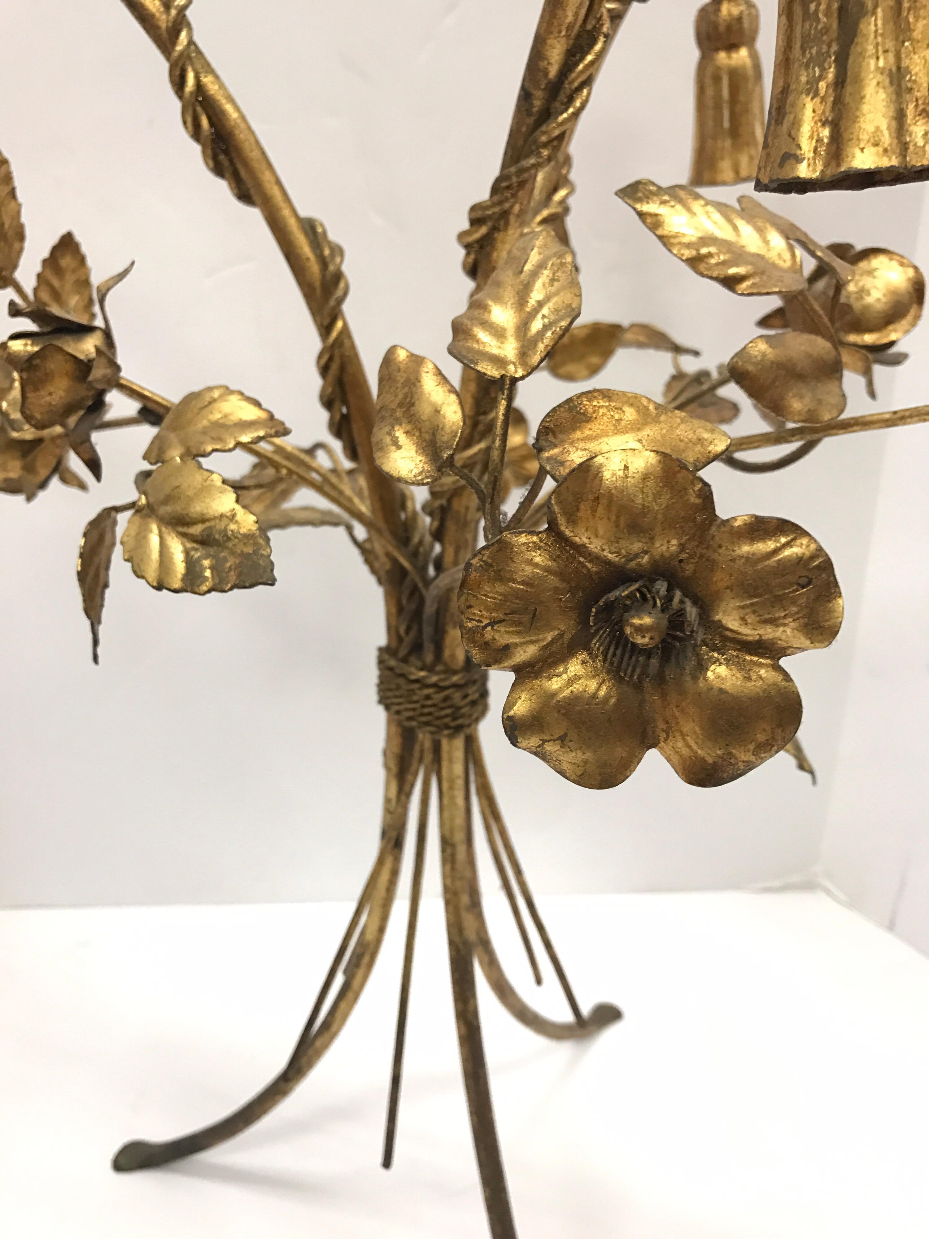 Italian Pair of Round Gold Gilt Metal Sheaf of Wheat Tole and Glass End Tables, Italy