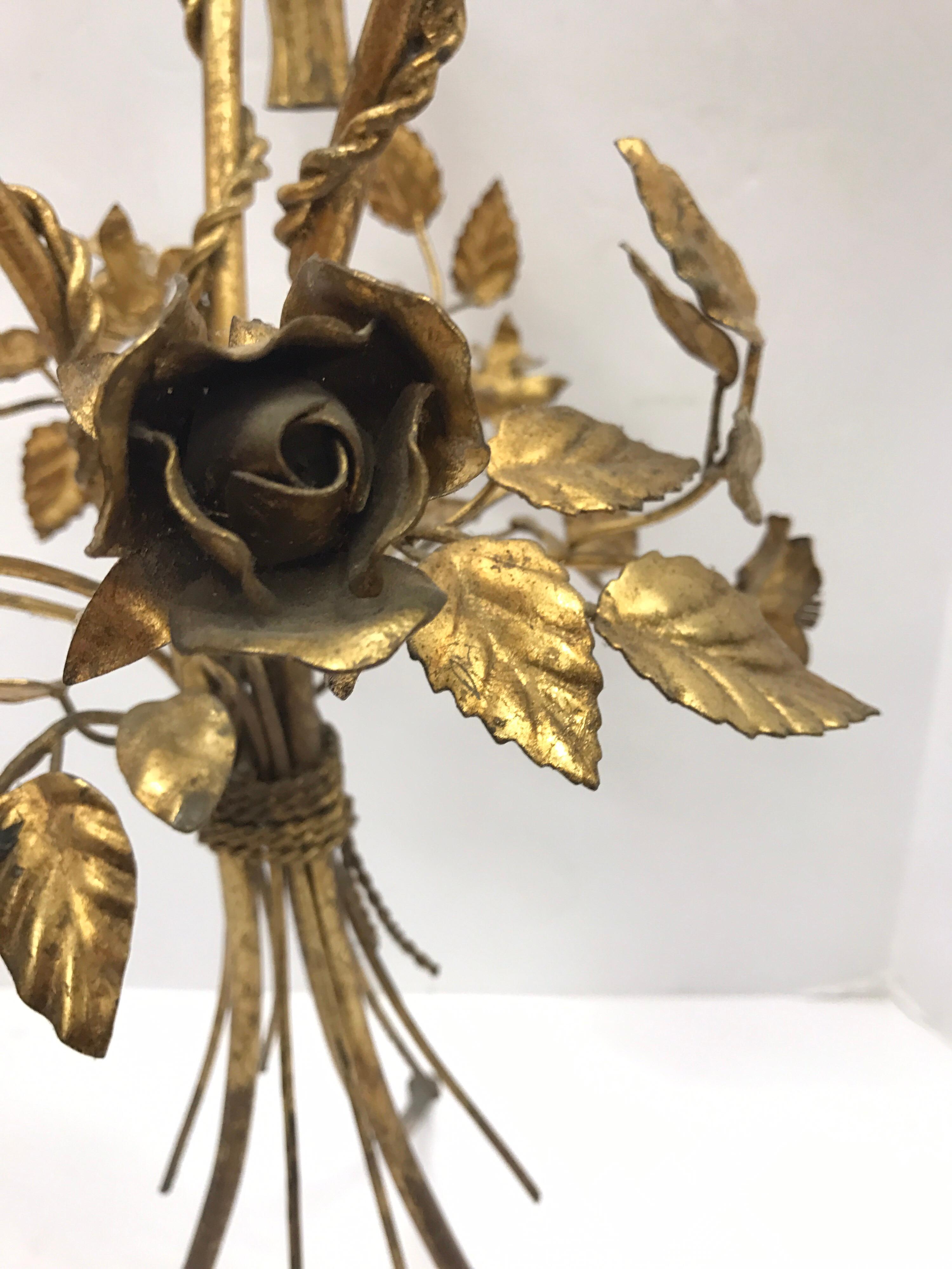 Mid-20th Century Pair of Round Gold Gilt Metal Sheaf of Wheat Tole and Glass End Tables, Italy