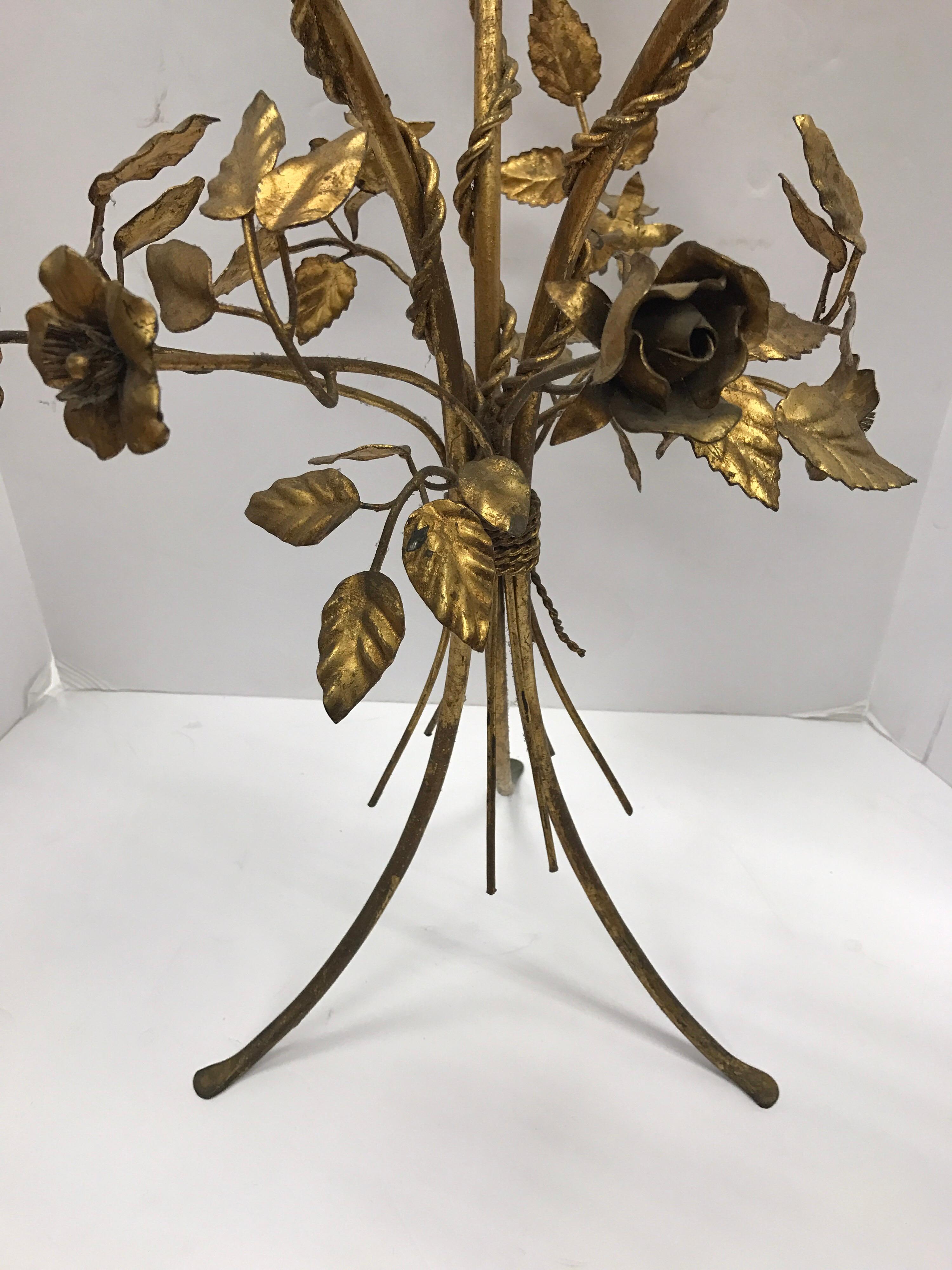 Pair of Round Gold Gilt Metal Sheaf of Wheat Tole and Glass End Tables, Italy 1
