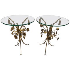 Pair of Round Gold Gilt Metal Sheaf of Wheat Tole and Glass End Tables, Italy