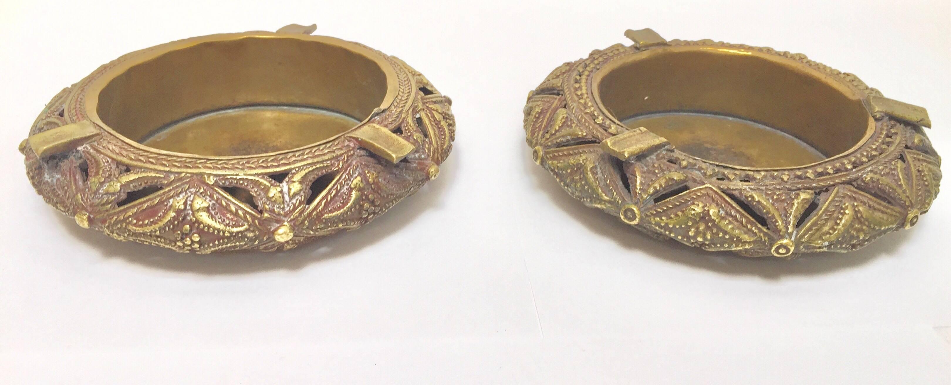 Anglo Raj Pair of Round Handcrafted Brass Ashtrays For Sale