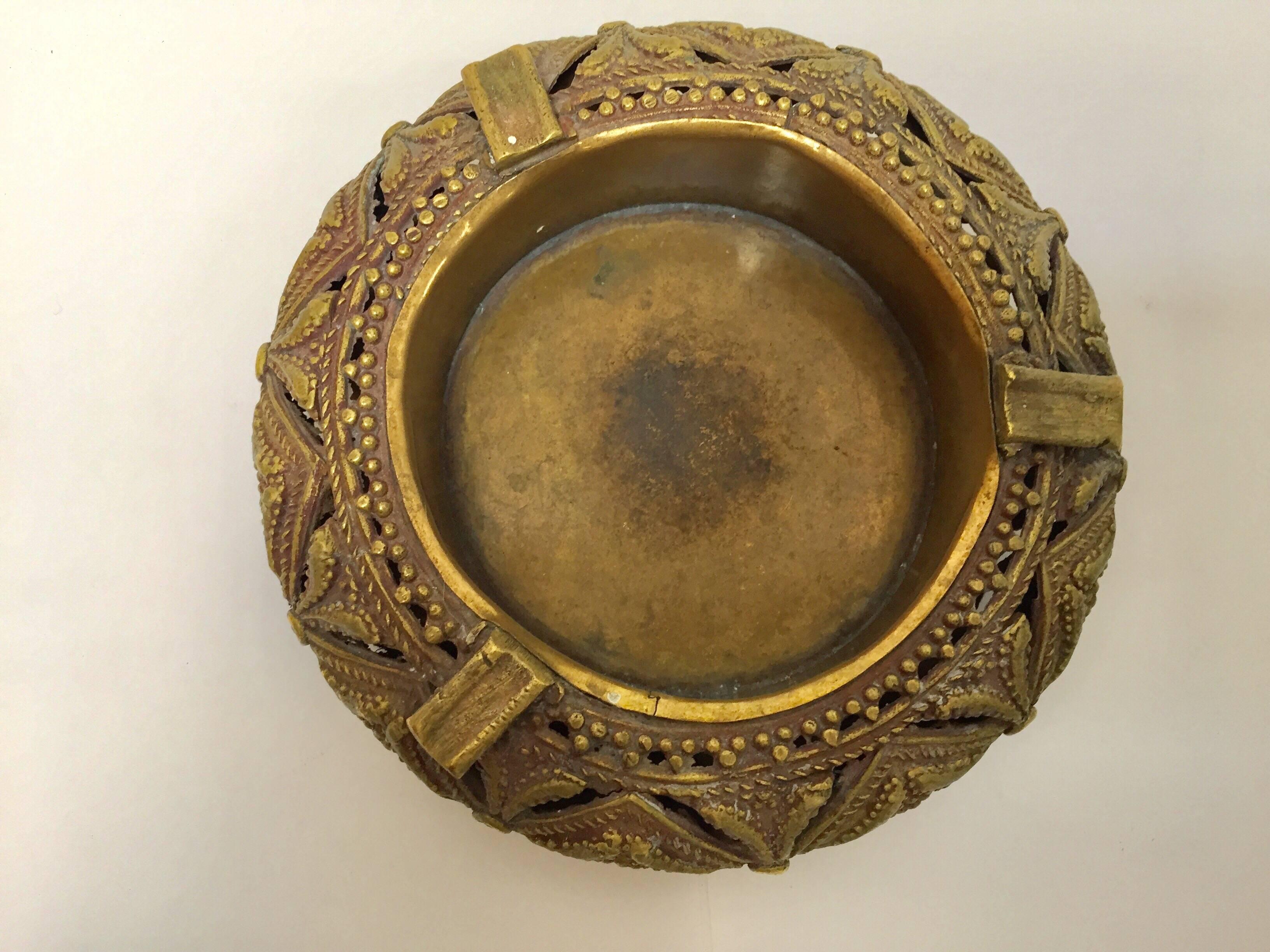 Cast Pair of Round Handcrafted Brass Ashtrays For Sale