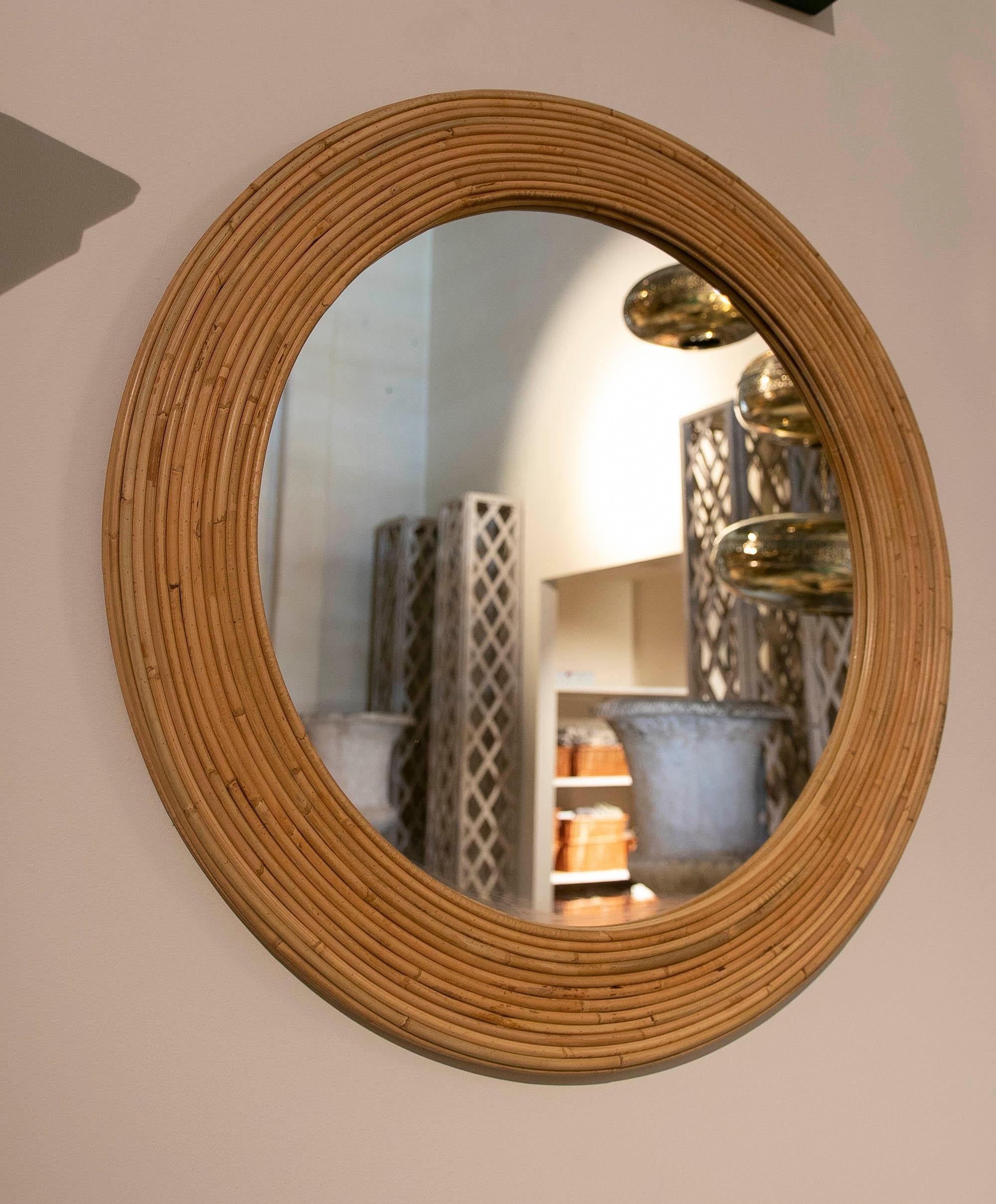 Pair of Round Handmade Wicker Wall Mirrors For Sale 3