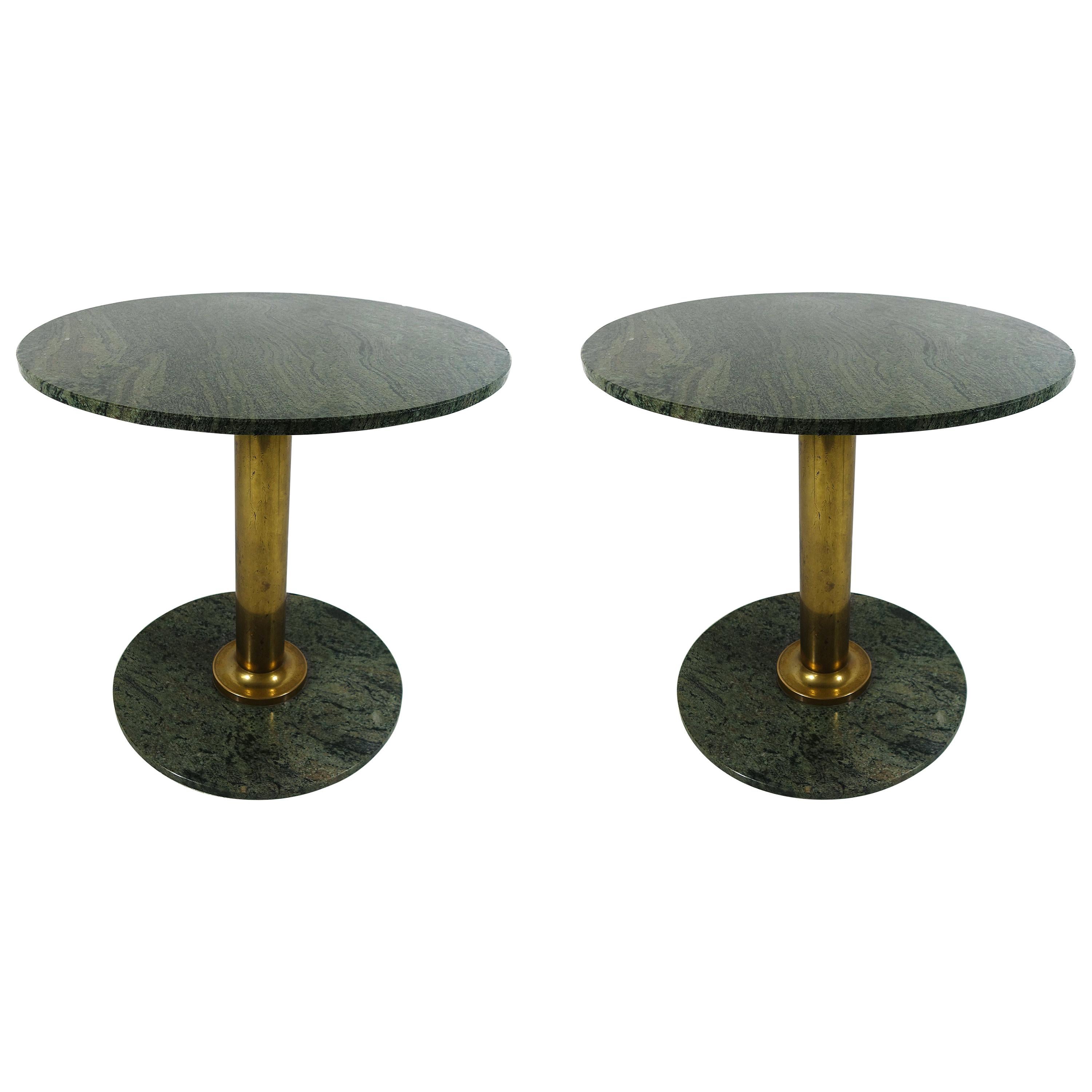 Pair of round Hollywood Regency Tables with Brass Foot and Granite Top