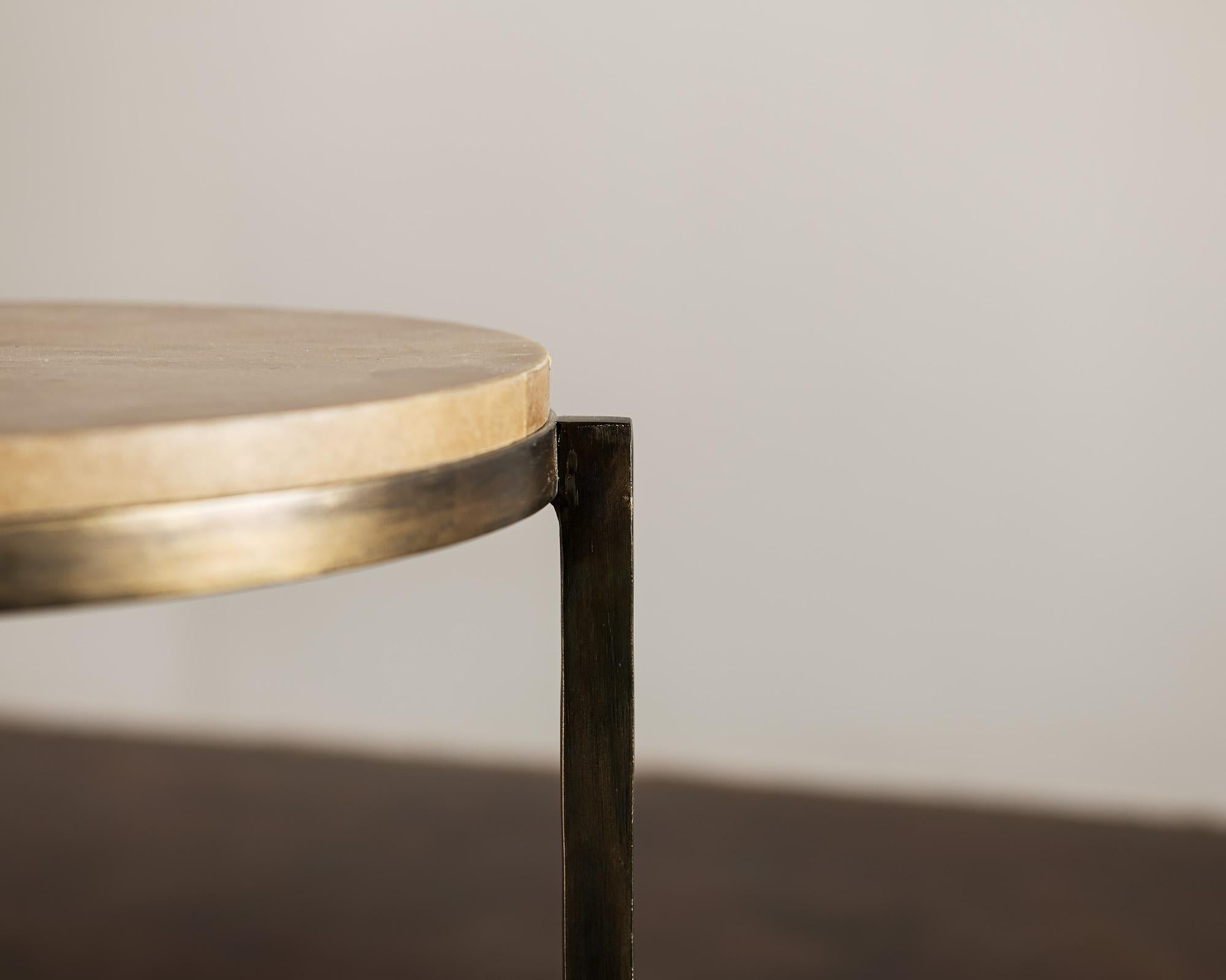 Mid-20th Century Pair of Round Iron Side Tables with Parchment Tops, France, 1950s