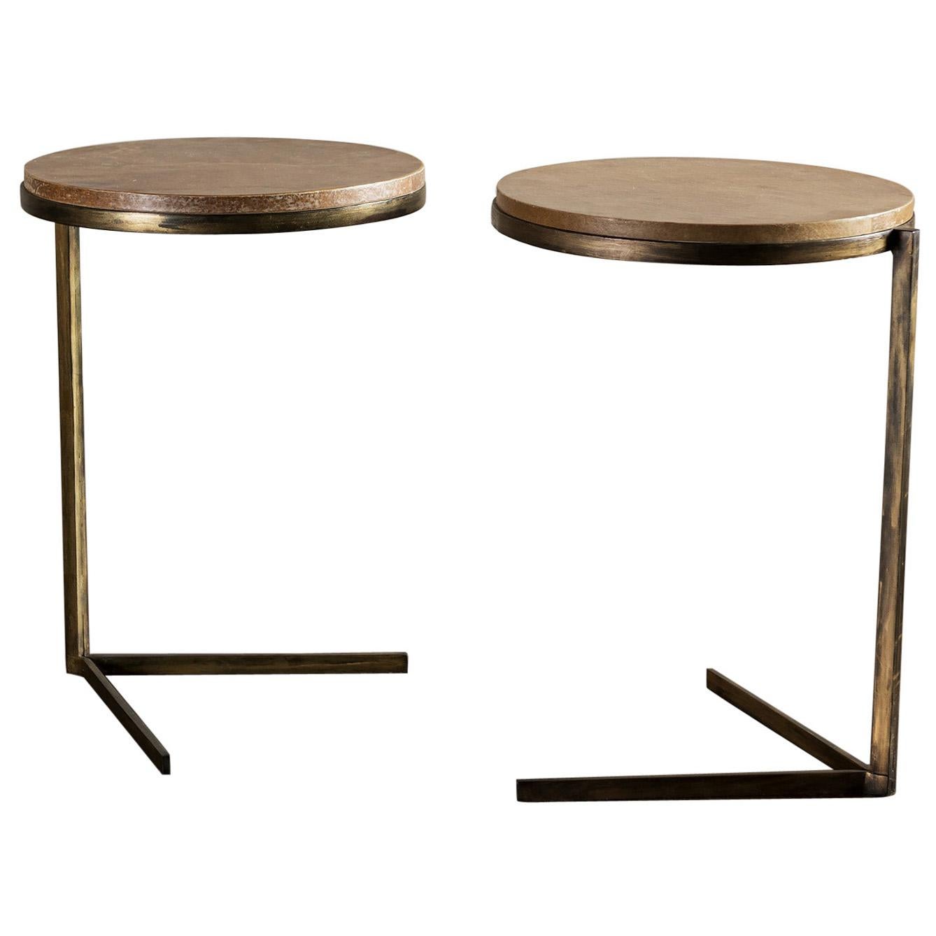 Pair of Round Iron Side Tables with Parchment Tops, France, 1950s