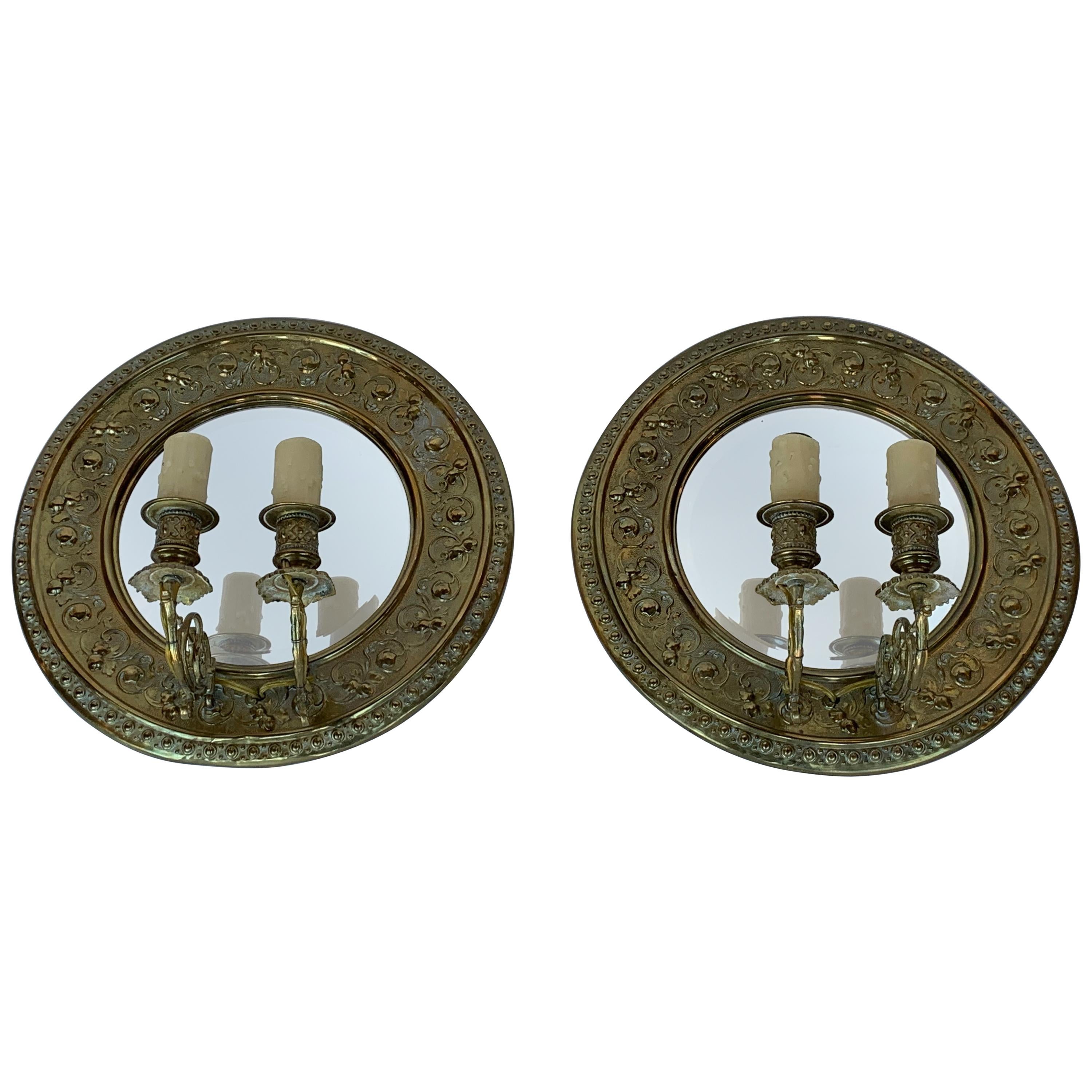 Pair of Round Italian Brass and Mirrored Sconces For Sale