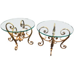 Pair of Round Italian Gilt Metal and Glass Top Side Tables