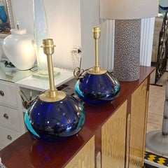 Pair of Round Italian Table Lamps in Blue Murano Glass