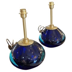 Pair of Round Italian Table Lamps in Blue Murano Glass