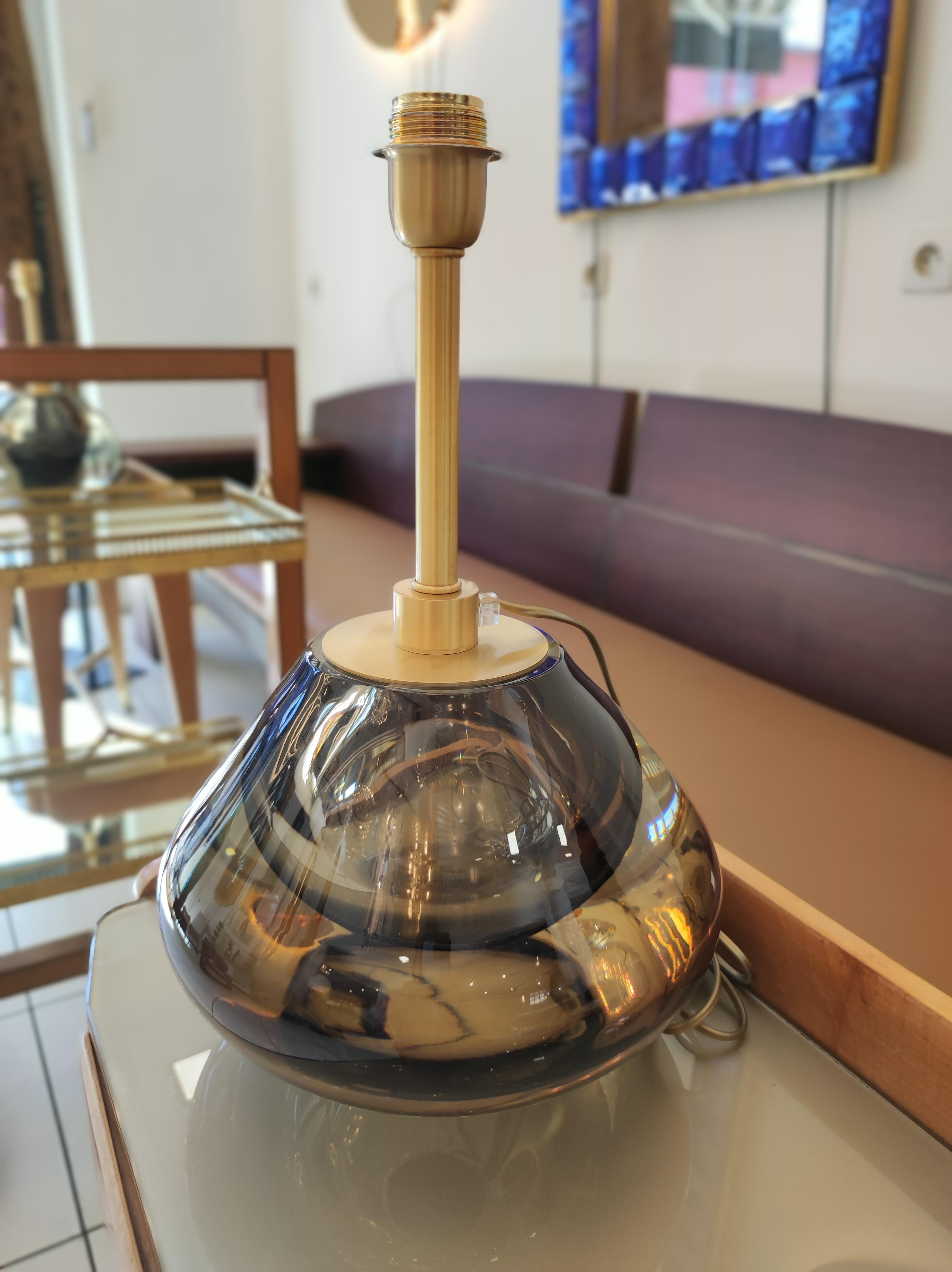 Modern Pair of Round Italian Table Lamps in Brown/Green Murano Glass