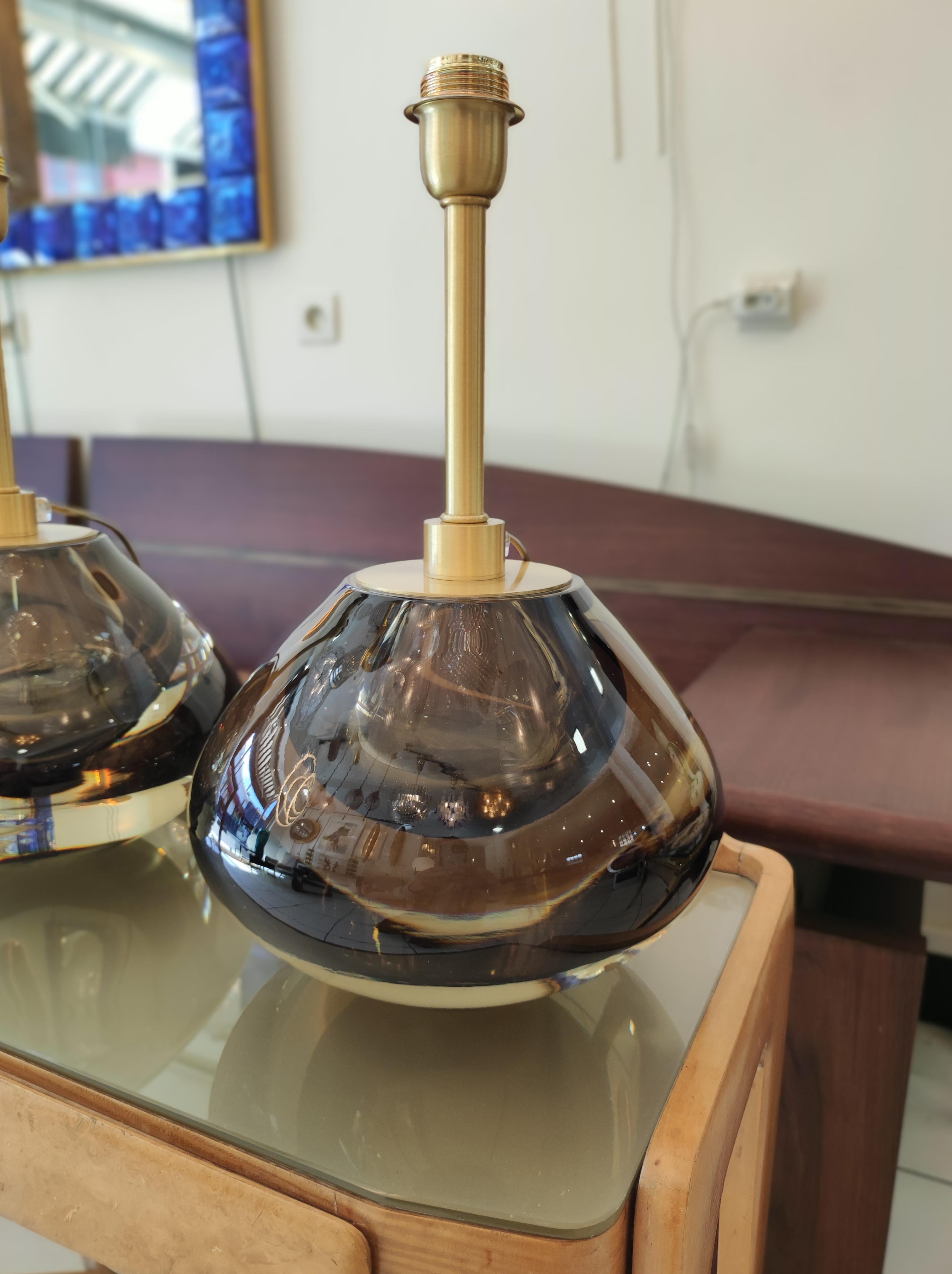 Pair of Round Italian Table Lamps in Brown/Green Murano Glass 1