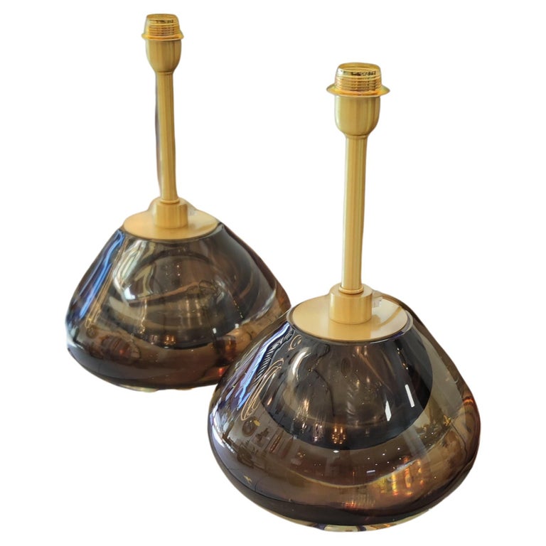Pair of Round Italian Table Lamps in Brown/Green Murano Glass For Sale