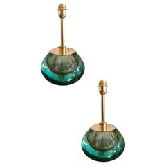Pair of Round Italian Table Lamps in Light Green Murano Glass